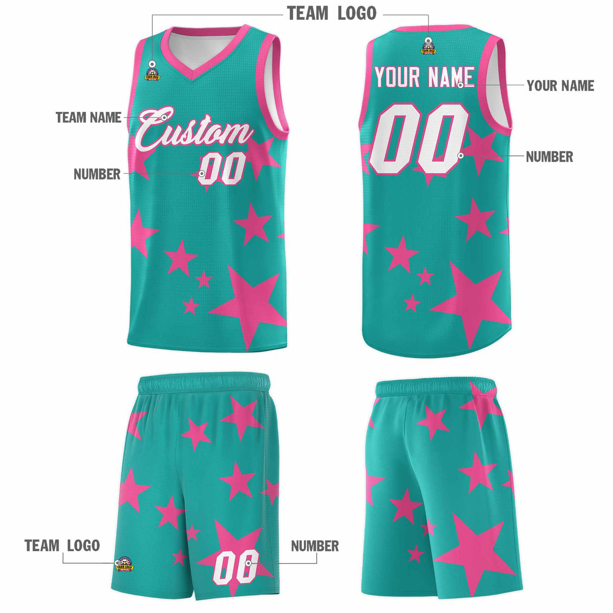 Custom Aqua Pink Graffiti Pattern Star Print Basketball Kits Sets