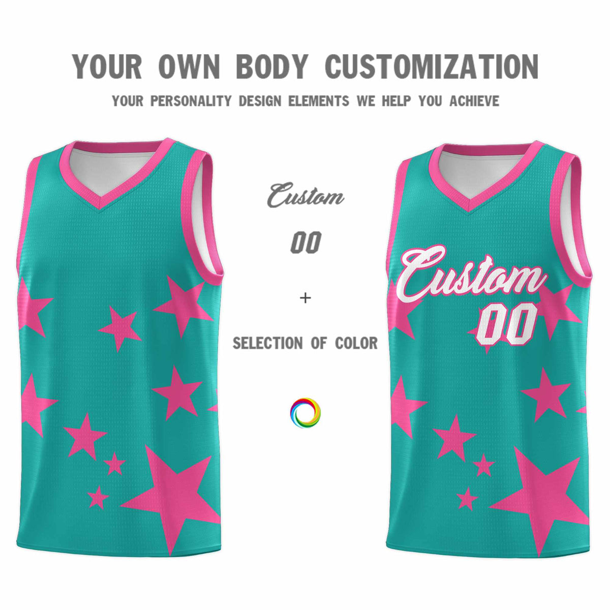 Custom Aqua Pink Graffiti Pattern Star Print Basketball Kits Sets