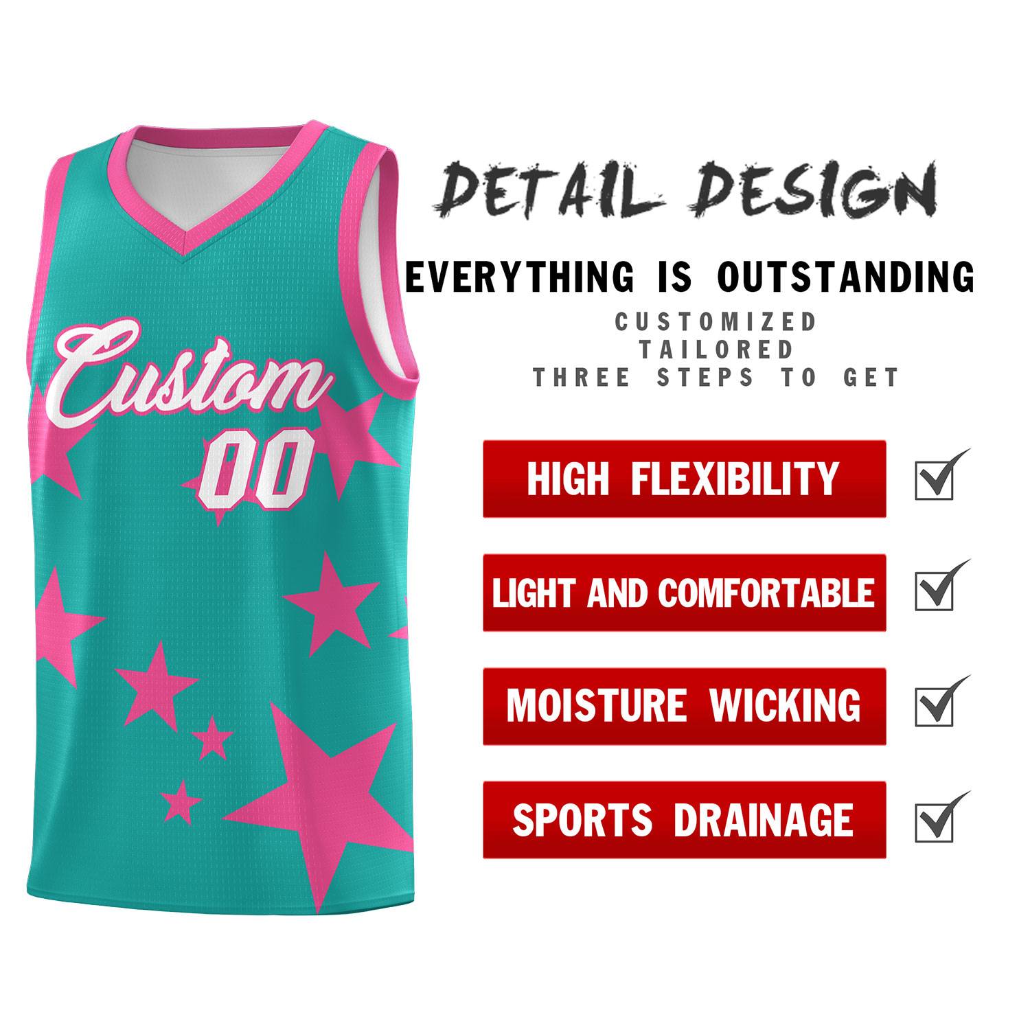 Custom Aqua Pink Graffiti Pattern Star Print Basketball Kits Sets