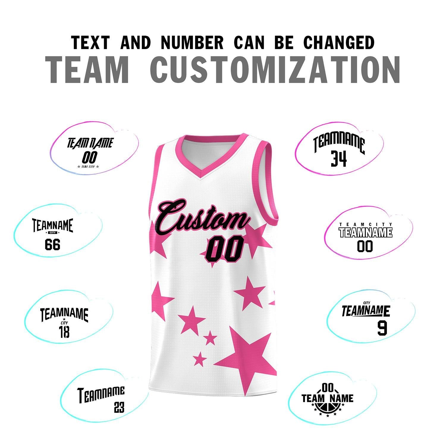 Custom White Pink Graffiti Pattern Star Print Basketball Kits Sets