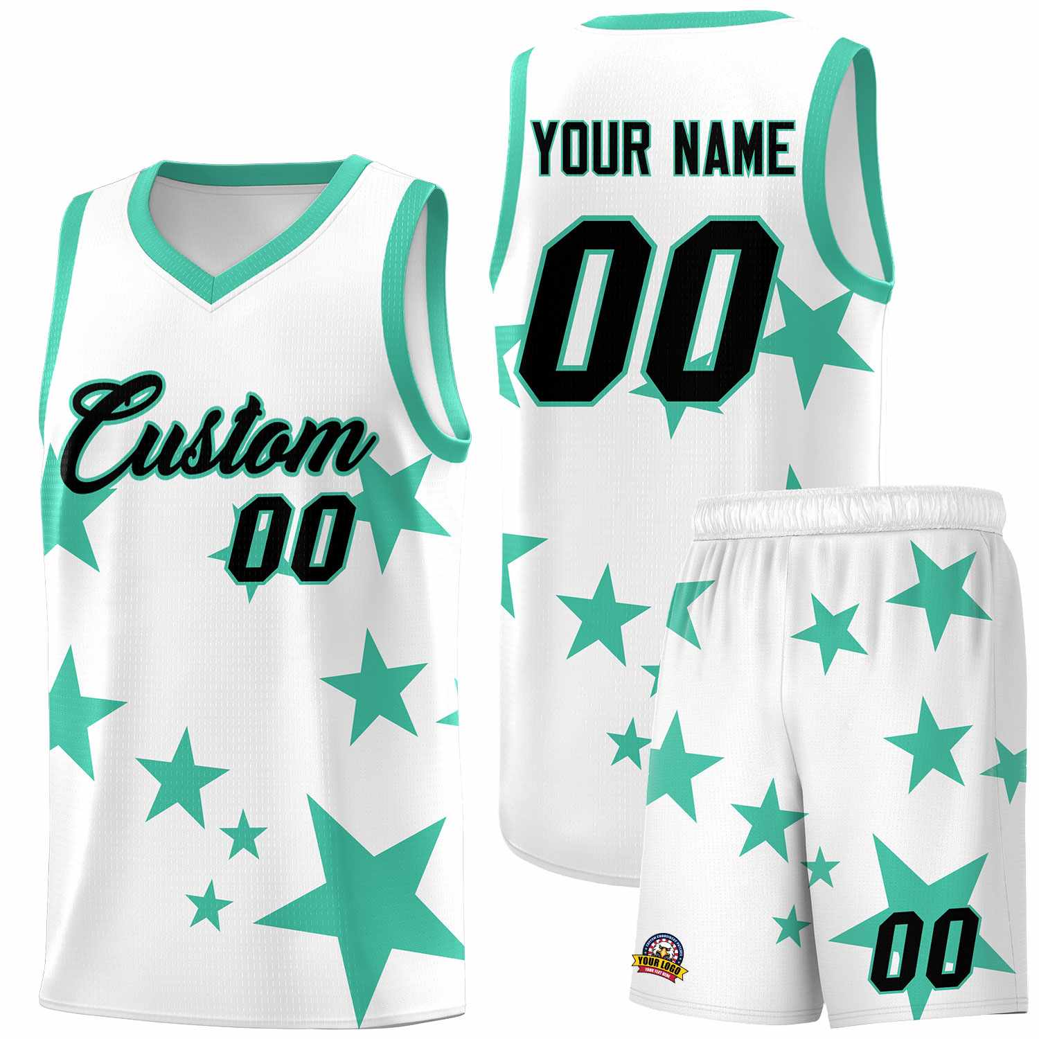 Custom White Bright Green Graffiti Pattern Star Print Basketball Kits Sets