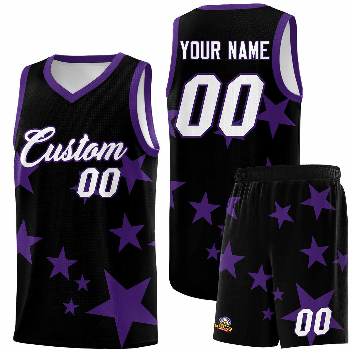 Custom Black Purple Graffiti Pattern Star Print Basketball Kits Sets