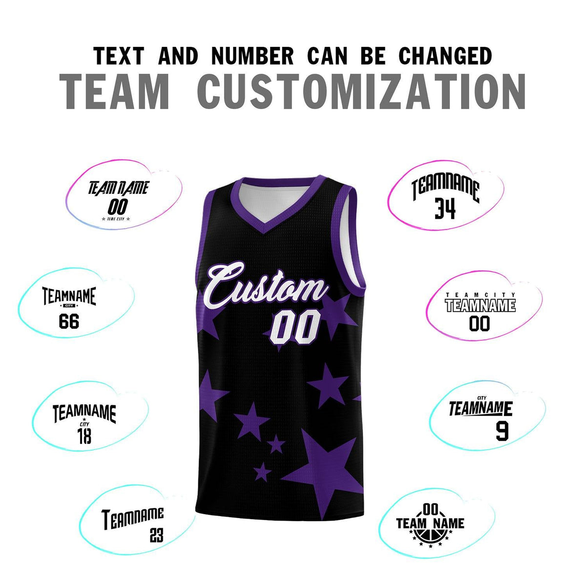 Custom Black Purple Graffiti Pattern Star Print Basketball Kits Sets