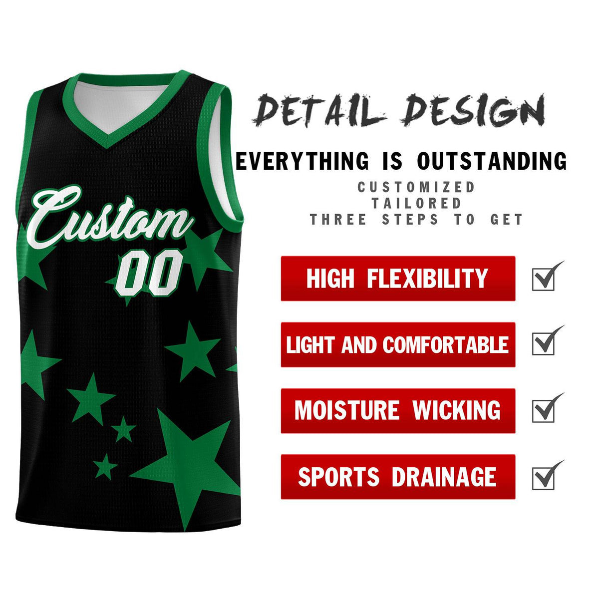 Custom Black Kelly Green Graffiti Pattern Star Print Basketball Kits Sets