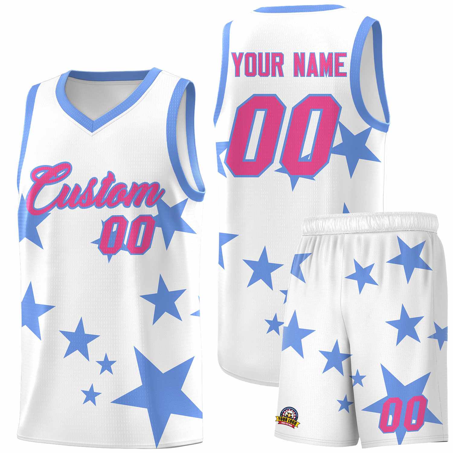 Custom White Light Blue Graffiti Pattern Star Print Basketball Kits Sets