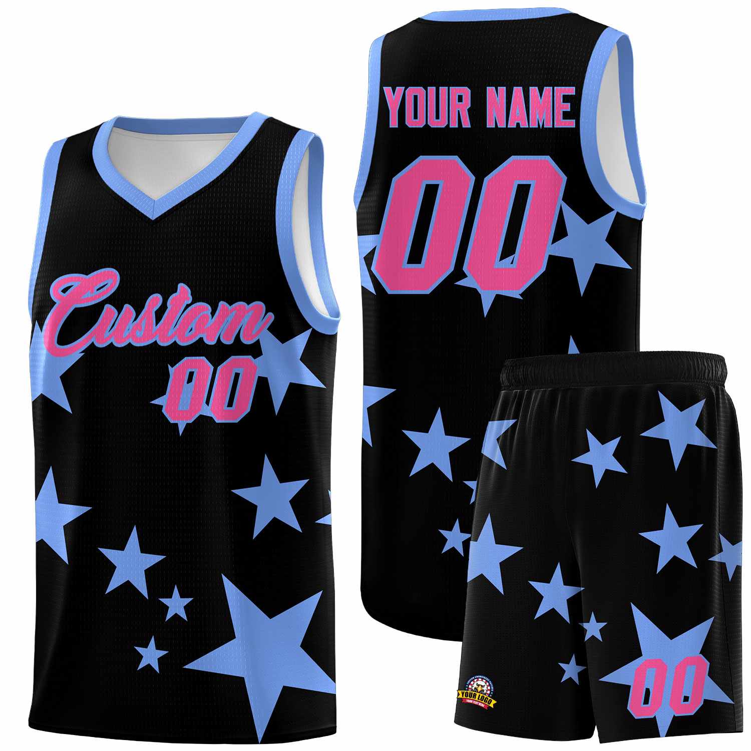 Custom Black Light Blue Graffiti Pattern Star Print Basketball Kits Sets