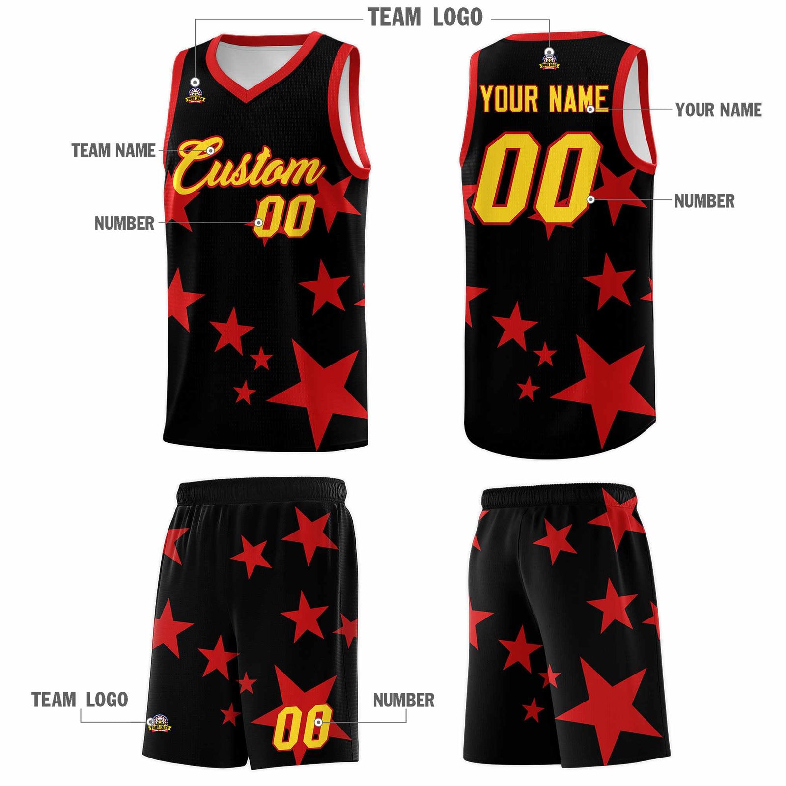 Custom Black Red Graffiti Pattern Star Print Basketball Kits Sets