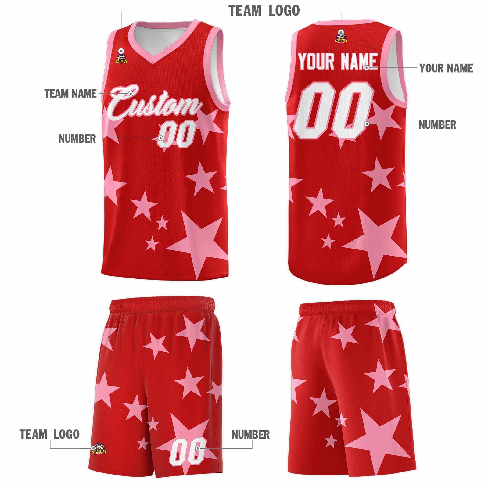 Custom Red Light Pink Graffiti Pattern Star Print Basketball Kits Sets