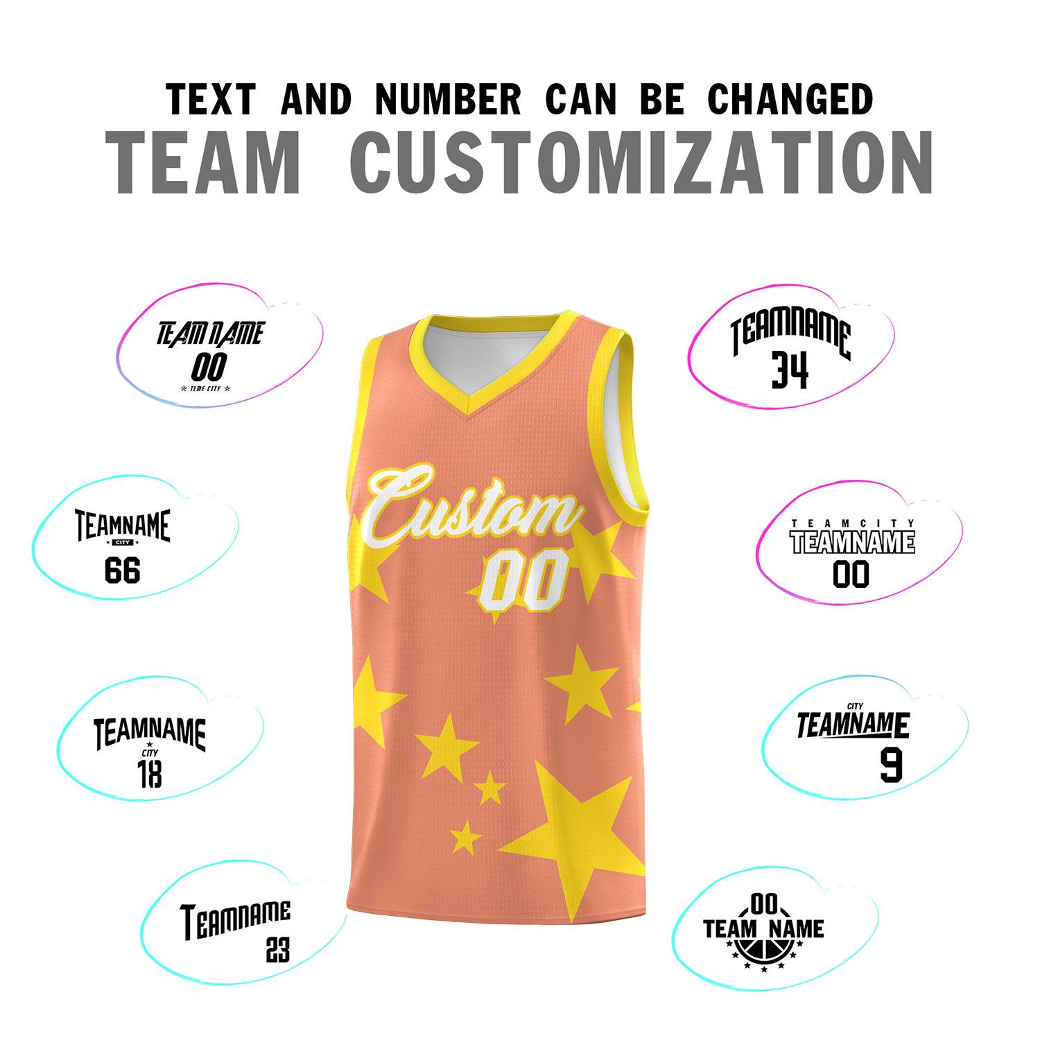 Custom Light Orange Gold Graffiti Pattern Star Print Basketball Kits Sets