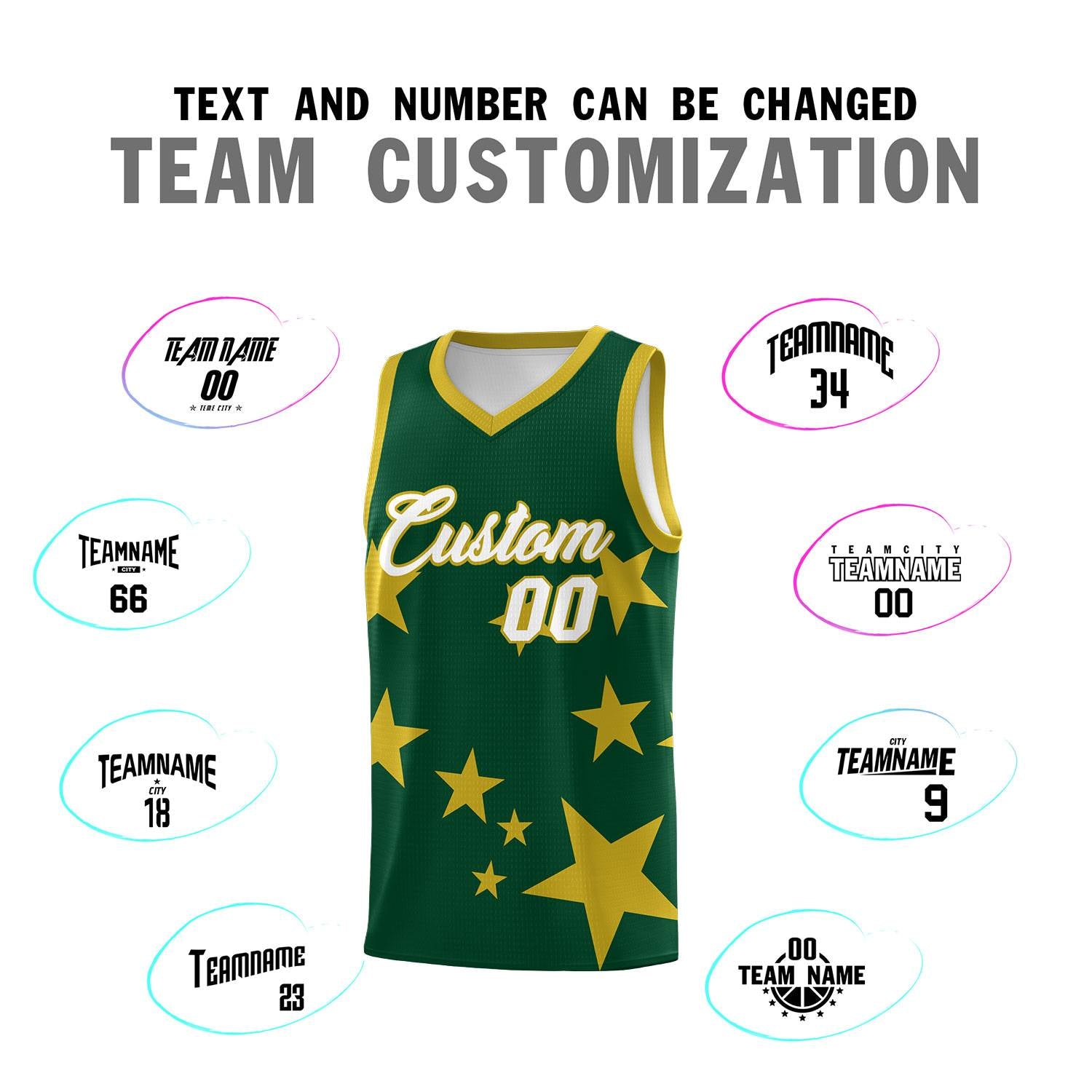 Custom Green Old Gold Graffiti Pattern Star Print Basketball Kits Sets
