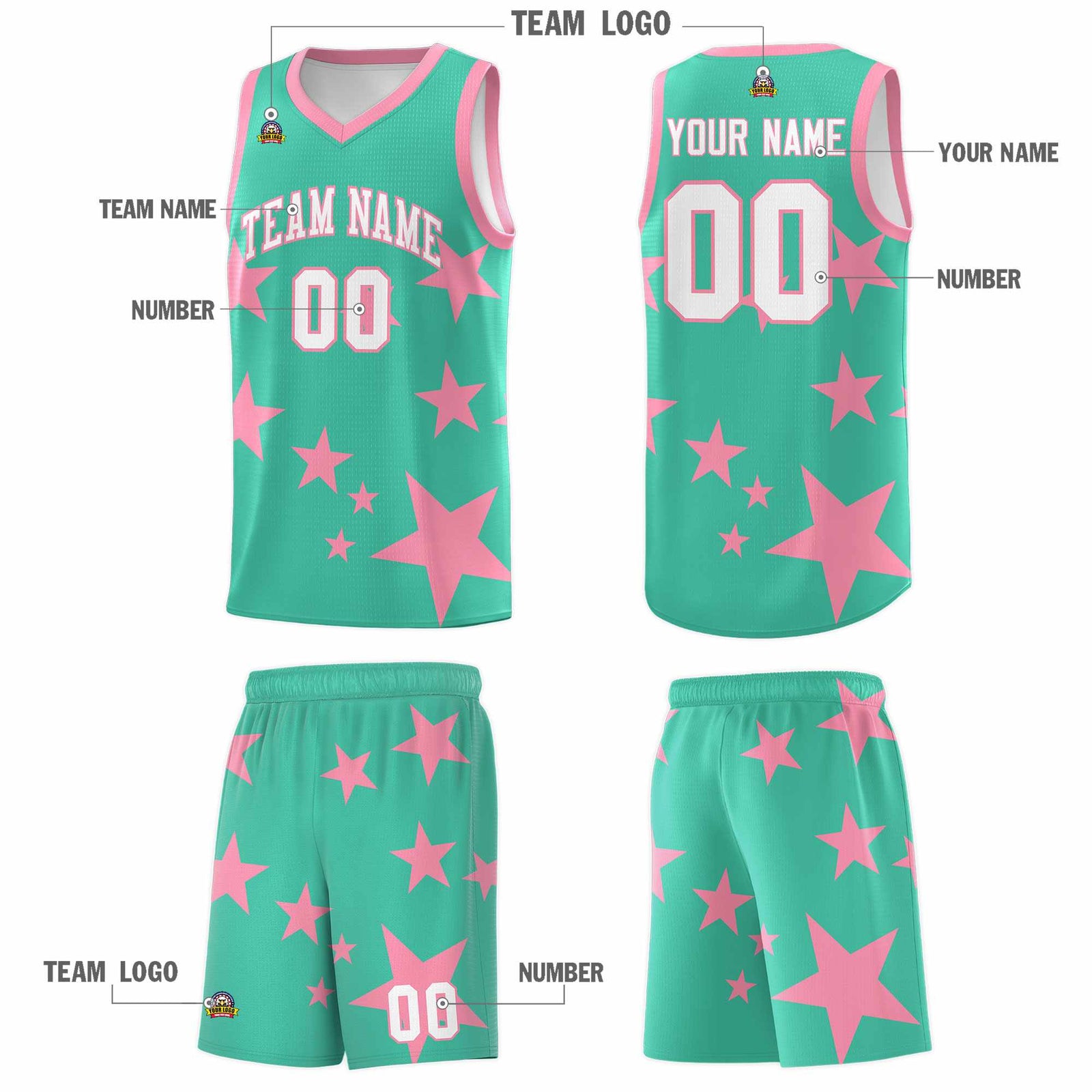 Custom Bright Green Light Pink Graffiti Pattern Star Print Basketball Kits Sets