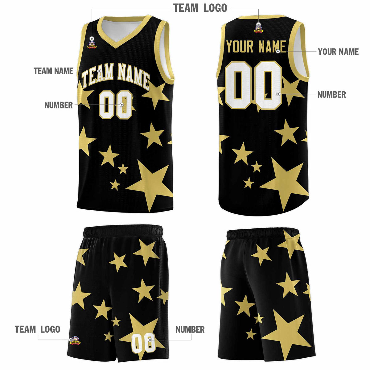Custom Black Old Gold Graffiti Pattern Star Print Basketball Kits Sets