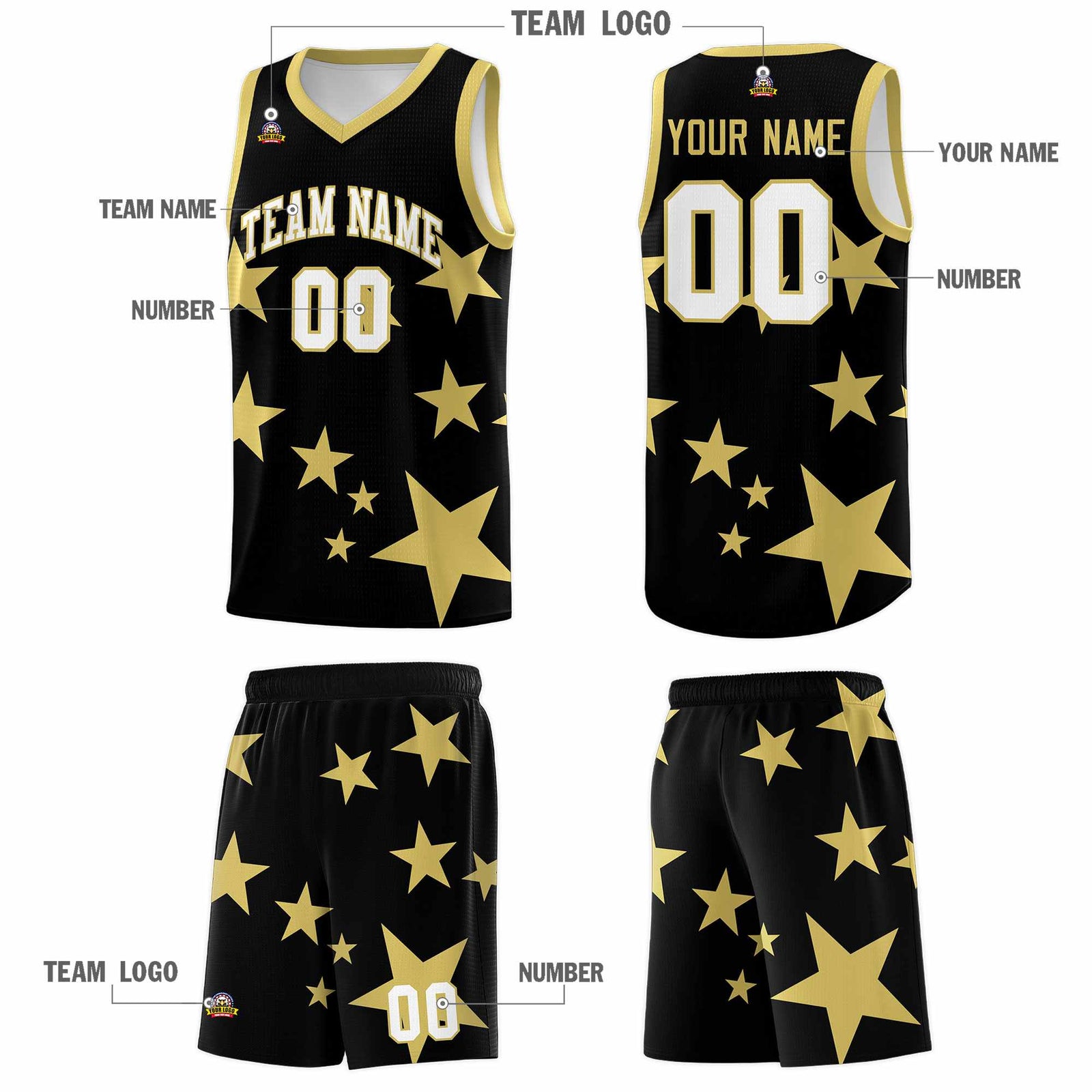 Custom Black Old Gold Graffiti Pattern Star Print Basketball Kits Sets