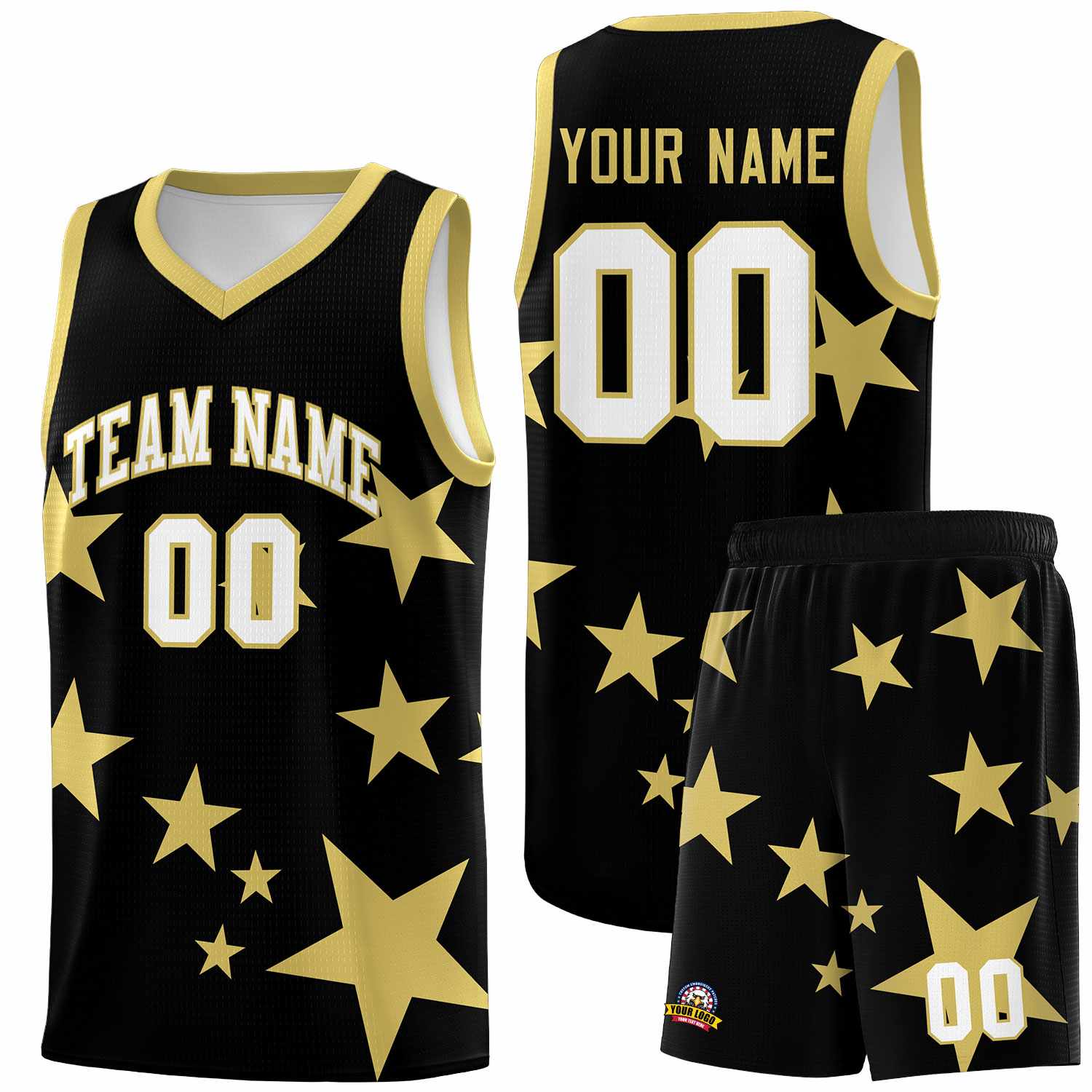 Custom Black Old Gold Graffiti Pattern Star Print Basketball Kits Sets