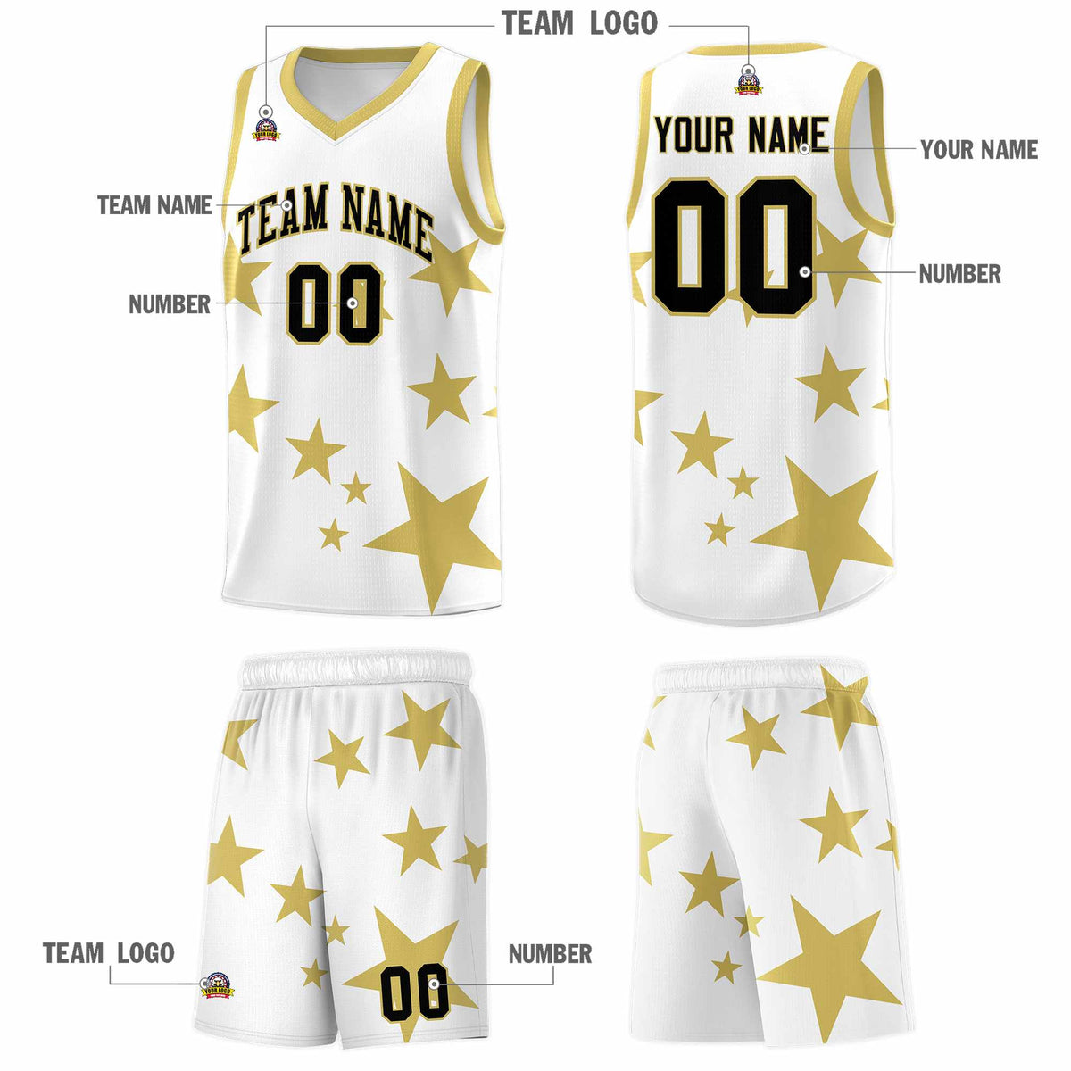 Custom White Old Gold Graffiti Pattern Star Print Basketball Kits Sets