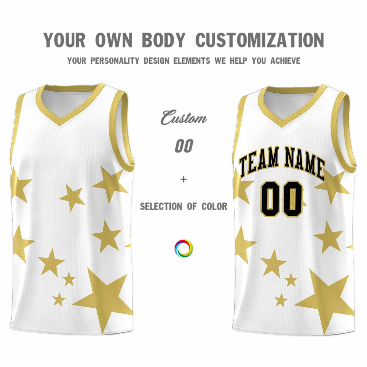 Custom White Old Gold Graffiti Pattern Star Print Basketball Kits Sets