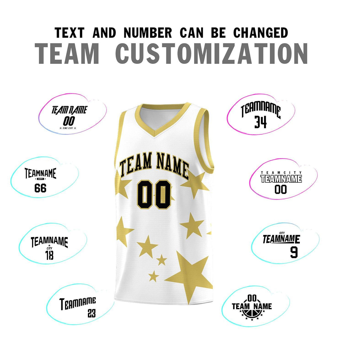 Custom White Old Gold Graffiti Pattern Star Print Basketball Kits Sets