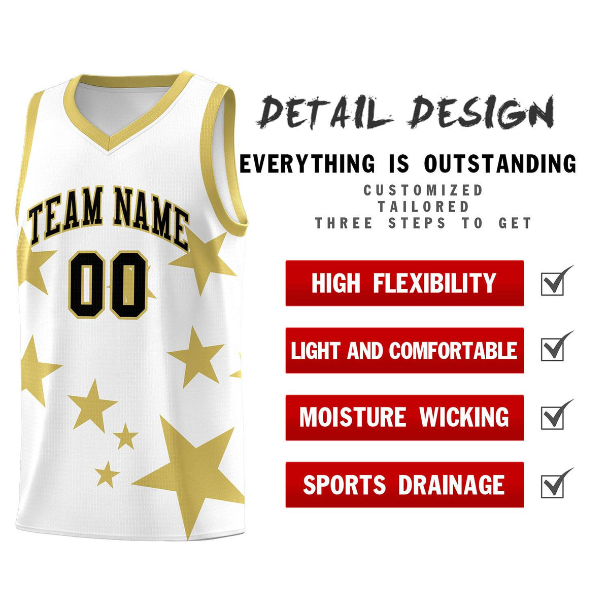 Custom White Old Gold Graffiti Pattern Star Print Basketball Kits Sets