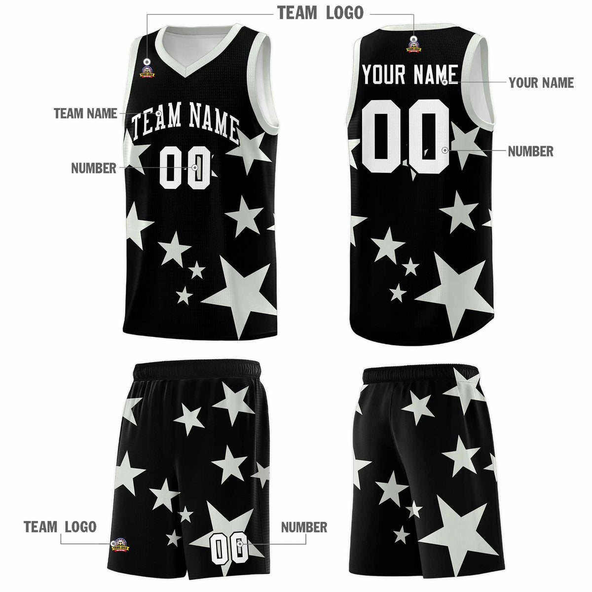 Custom Black Gray Graffiti Pattern Star Print Basketball Kits Sets