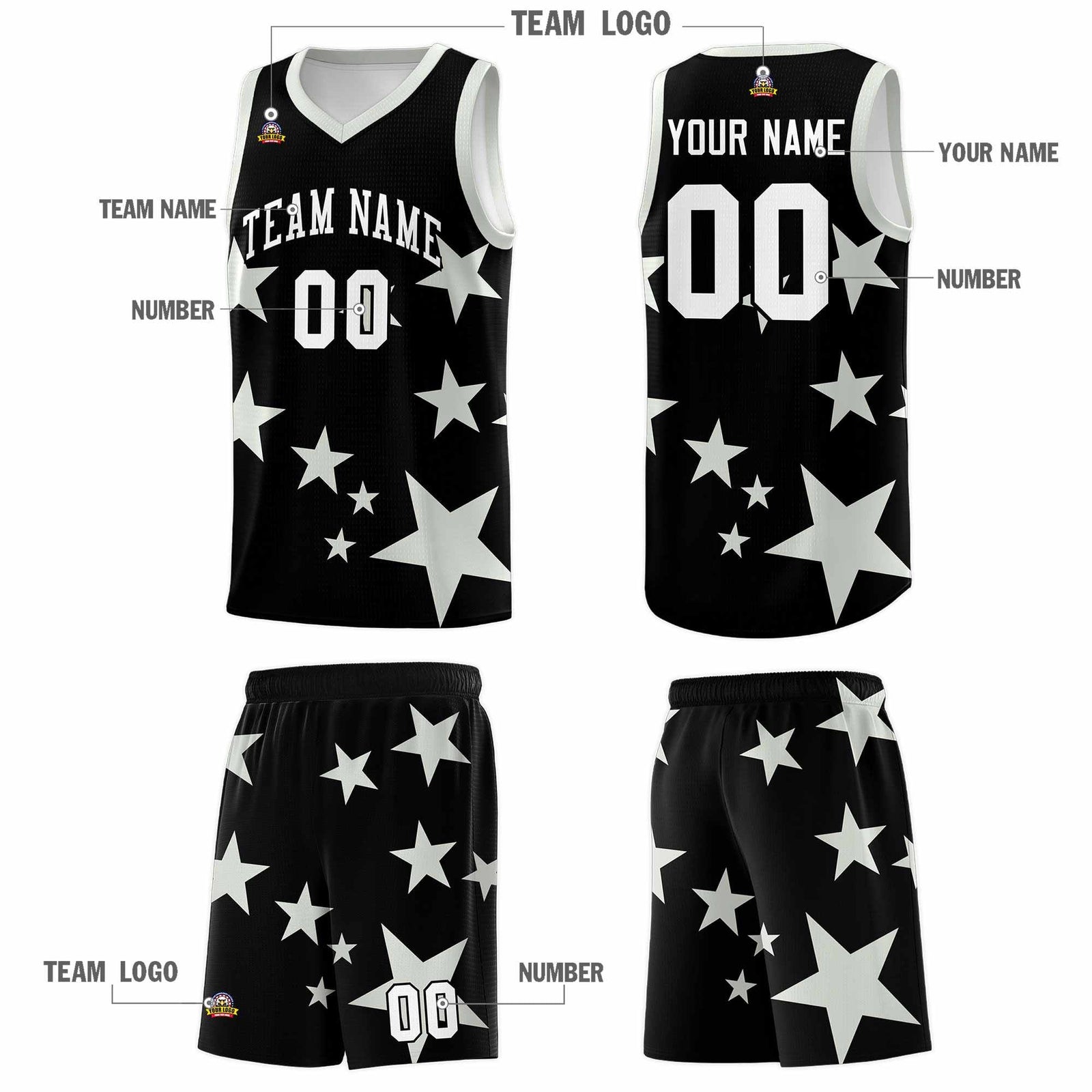 Custom Black Gray Graffiti Pattern Star Print Basketball Kits Sets