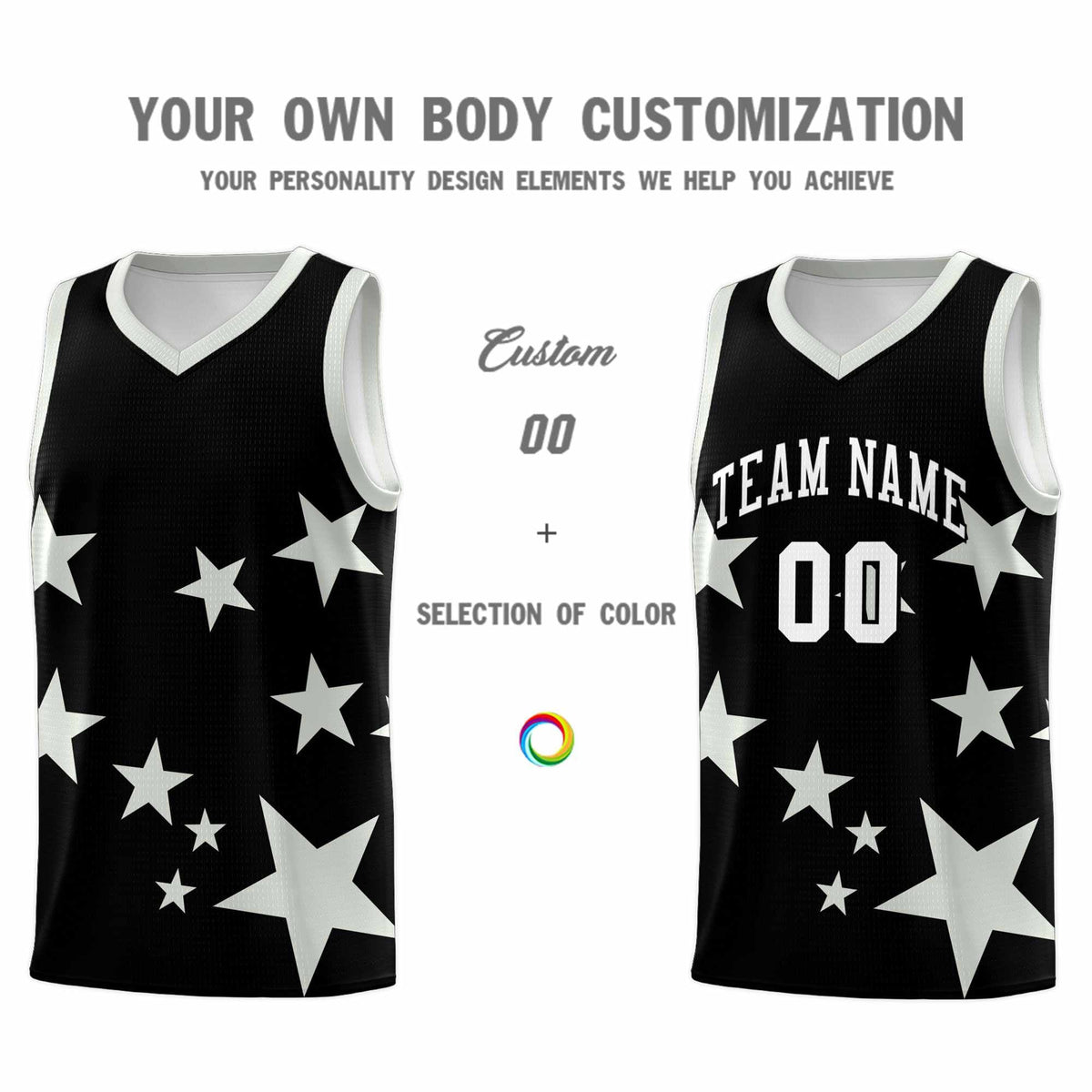 Custom Black Gray Graffiti Pattern Star Print Basketball Kits Sets