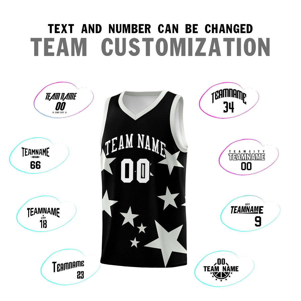Custom Black Gray Graffiti Pattern Star Print Basketball Kits Sets