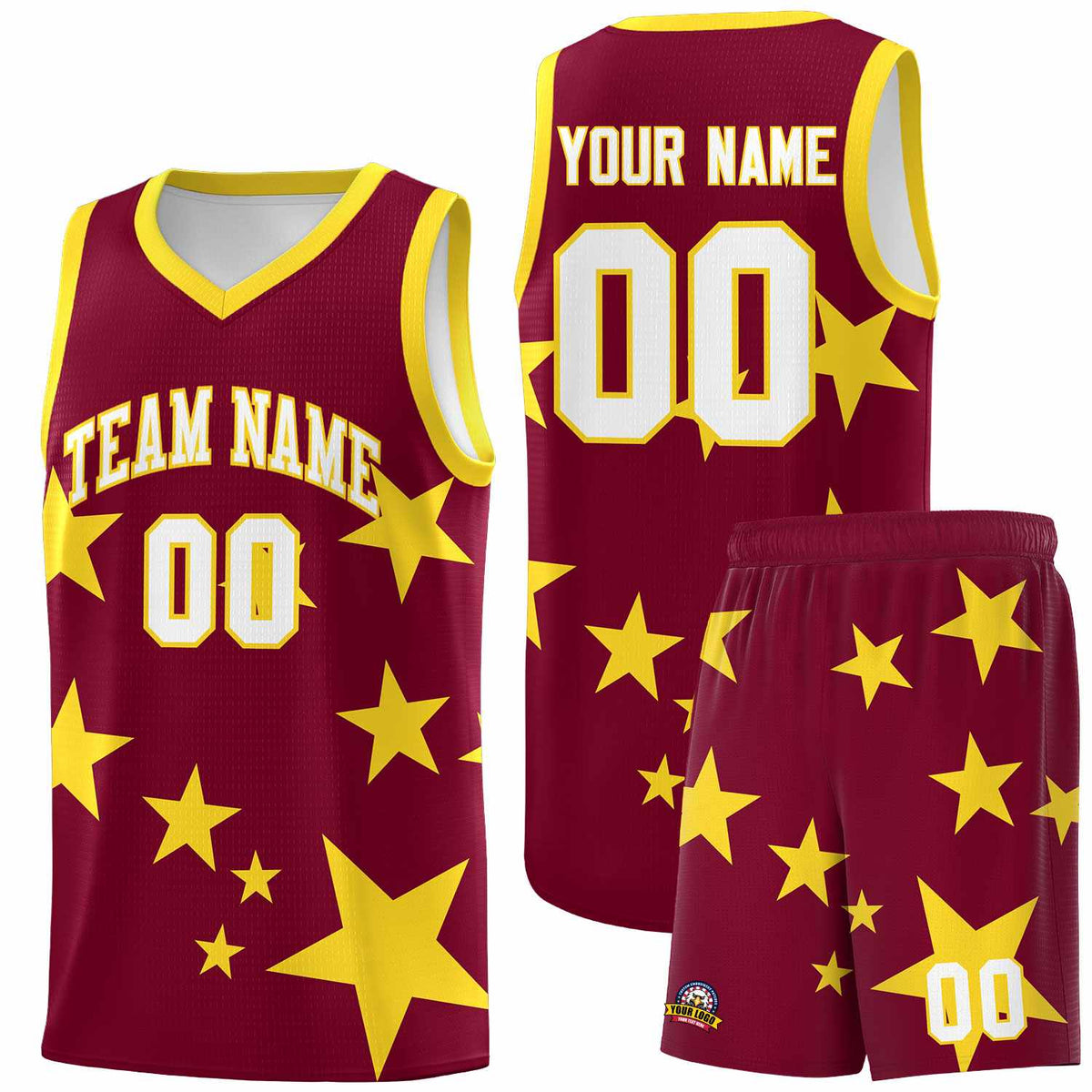 Custom Crimson Gold Graffiti Pattern Star Print Basketball Kits Sets