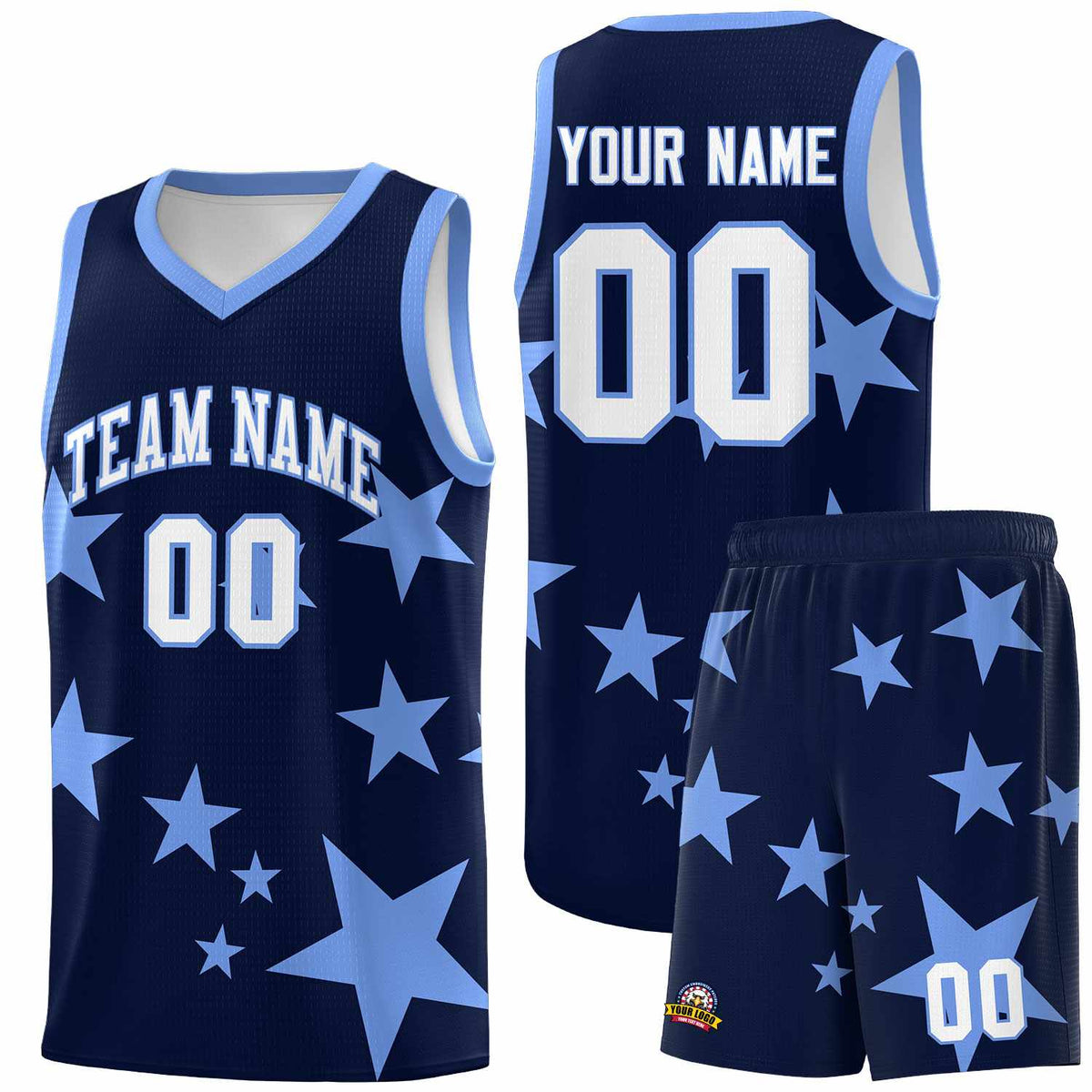 Custom Navy Light Blue Graffiti Pattern Star Print Basketball Kits Sets