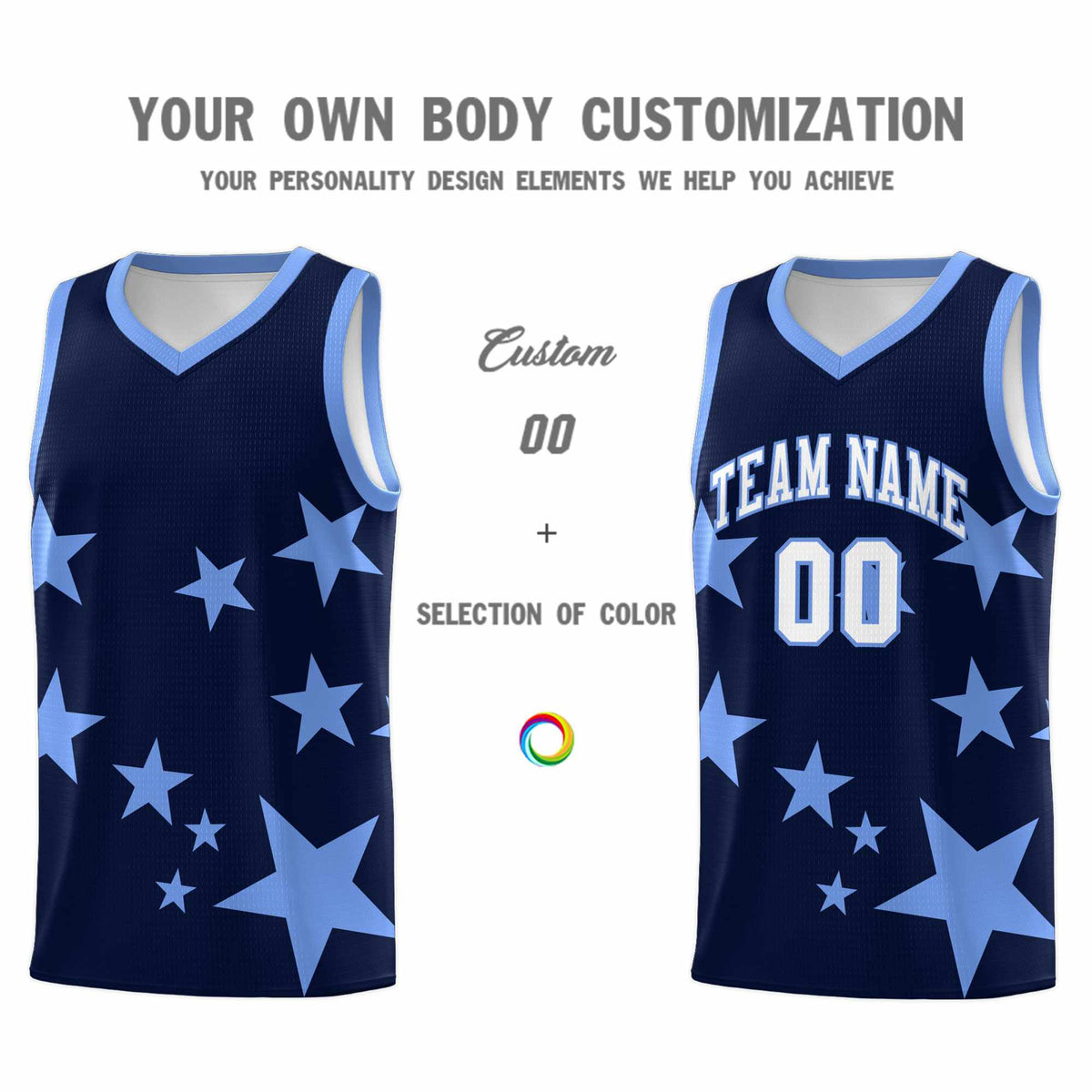 Custom Navy Light Blue Graffiti Pattern Star Print Basketball Kits Sets