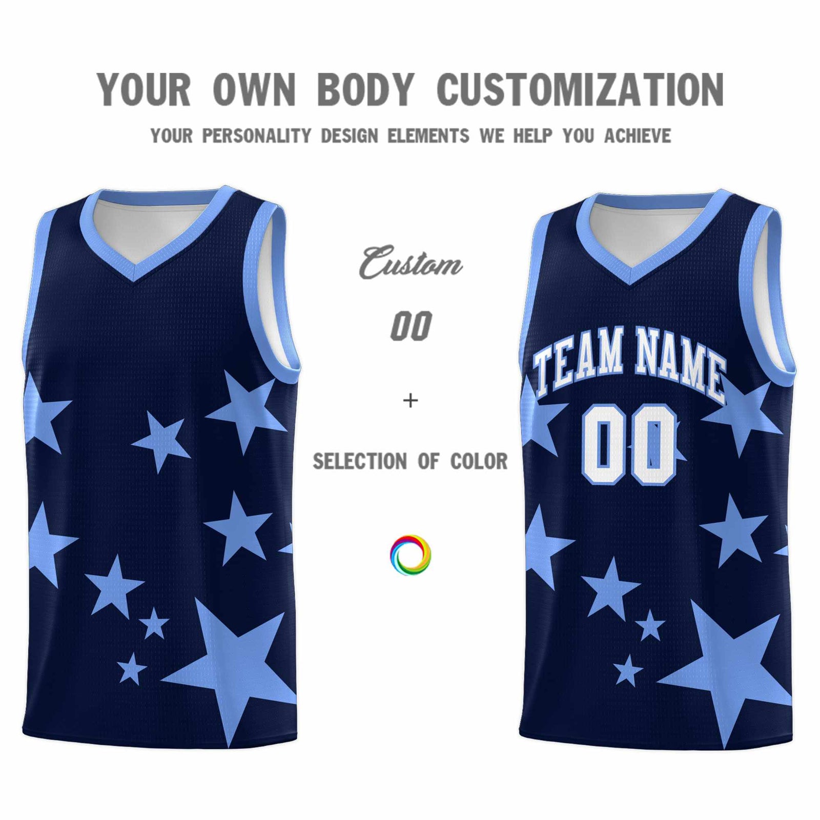 Custom Navy Light Blue Graffiti Pattern Star Print Basketball Kits Sets