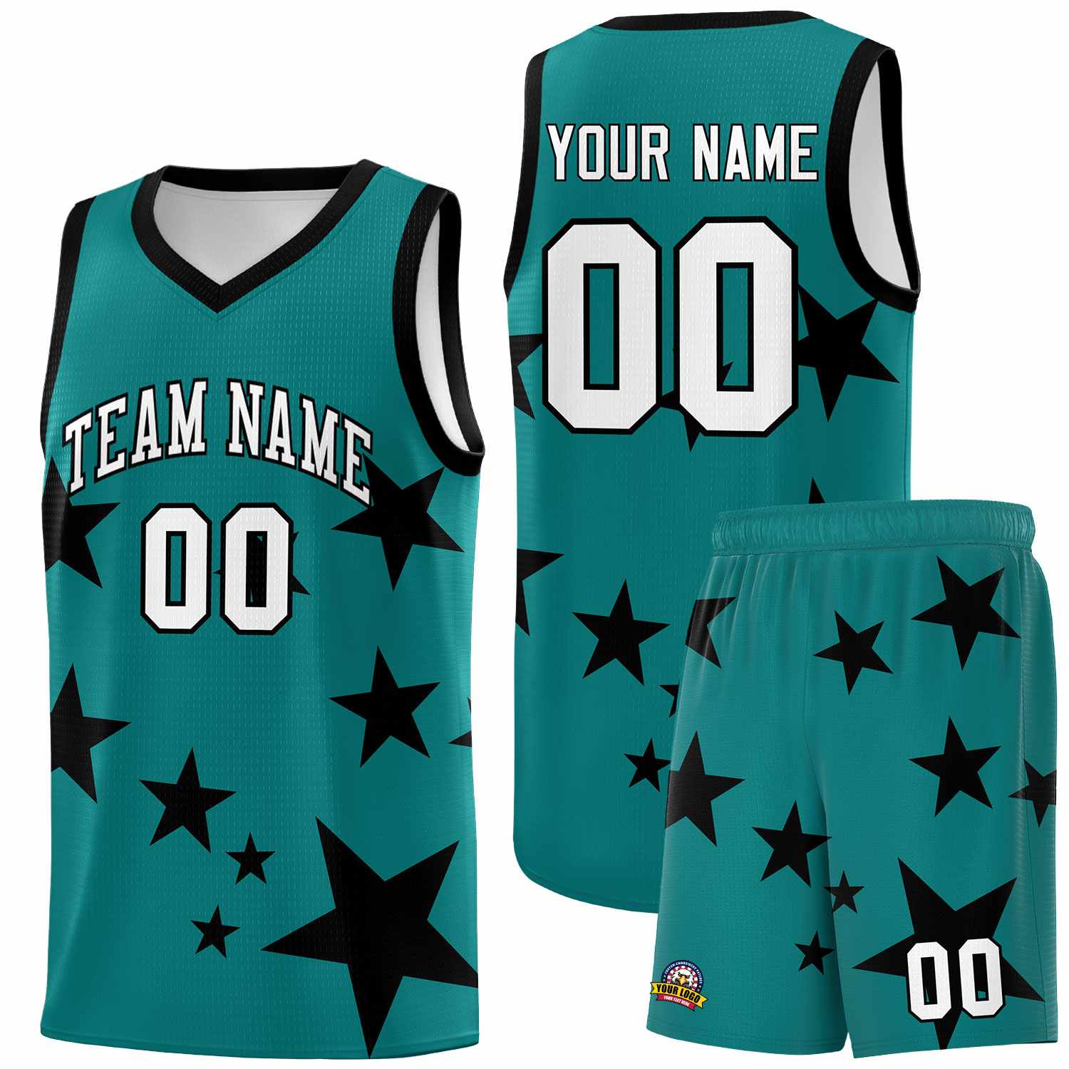 Custom Aqua Black Graffiti Pattern Star Print Basketball Kits Sets