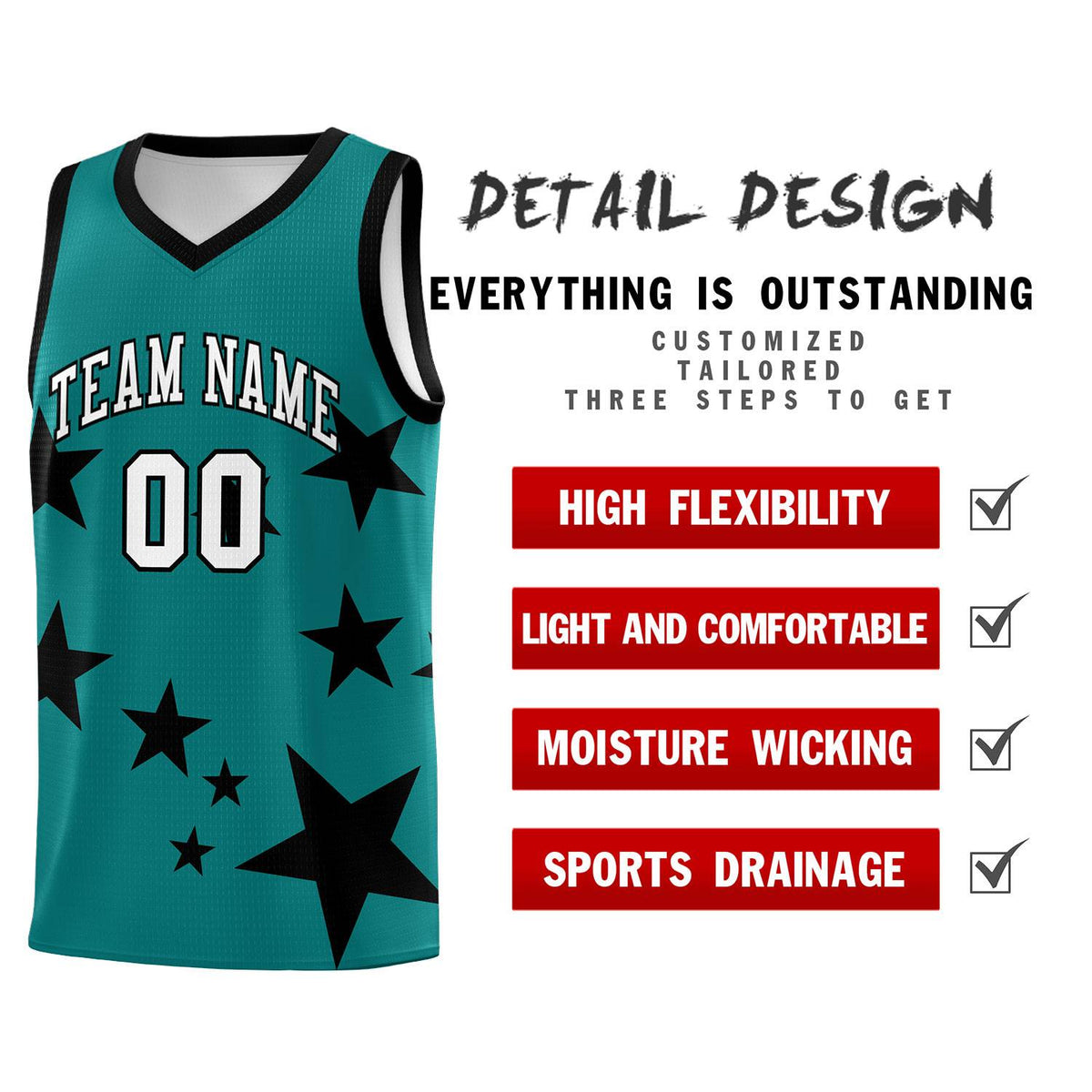 Custom Aqua Black Graffiti Pattern Star Print Basketball Kits Sets