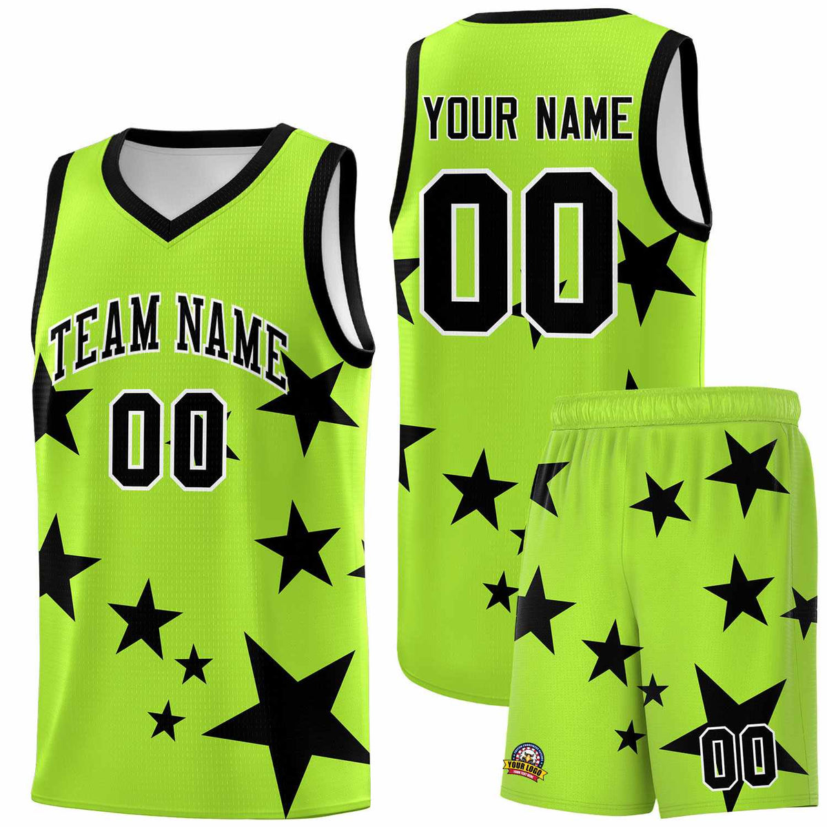 Custom Light Green Black Graffiti Pattern Star Print Basketball Kits Sets