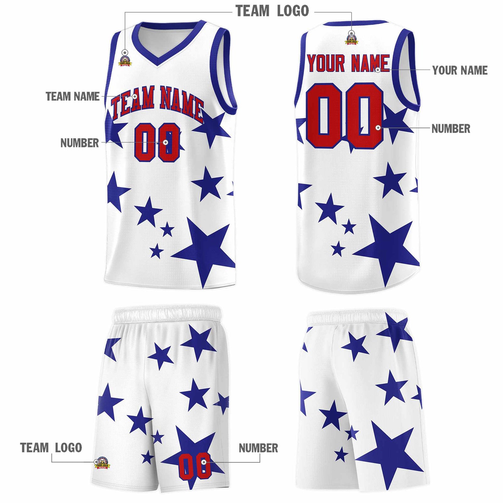 Custom White Royal Graffiti Pattern Star Print Basketball Kits Sets