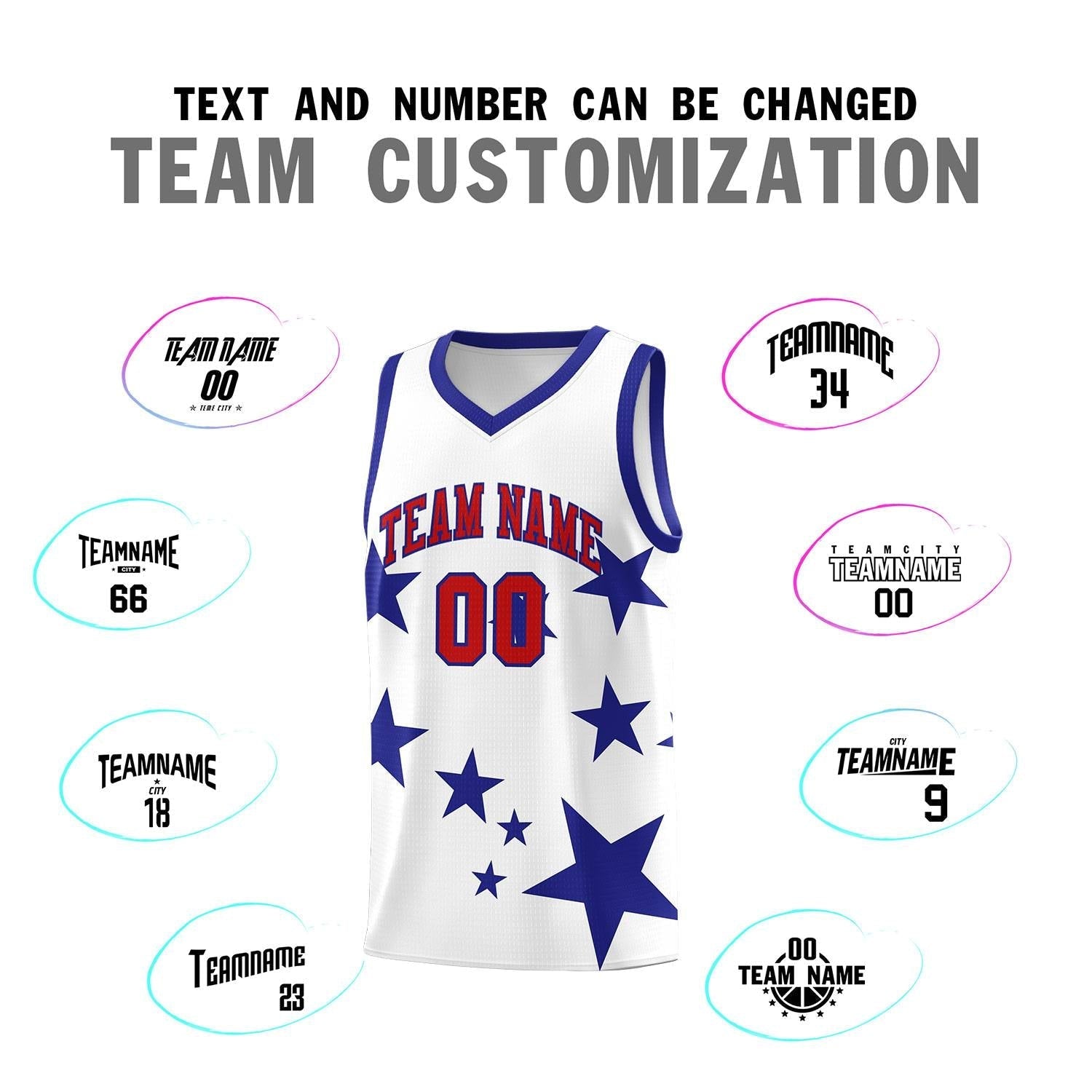 Custom White Royal Graffiti Pattern Star Print Basketball Kits Sets