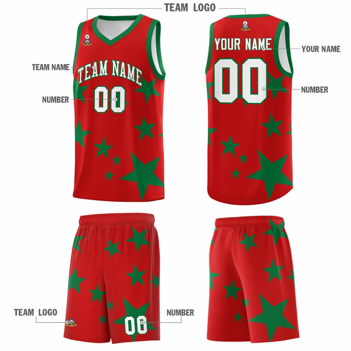 Custom Red Kelly Green Graffiti Pattern Star Print Basketball Kits Sets