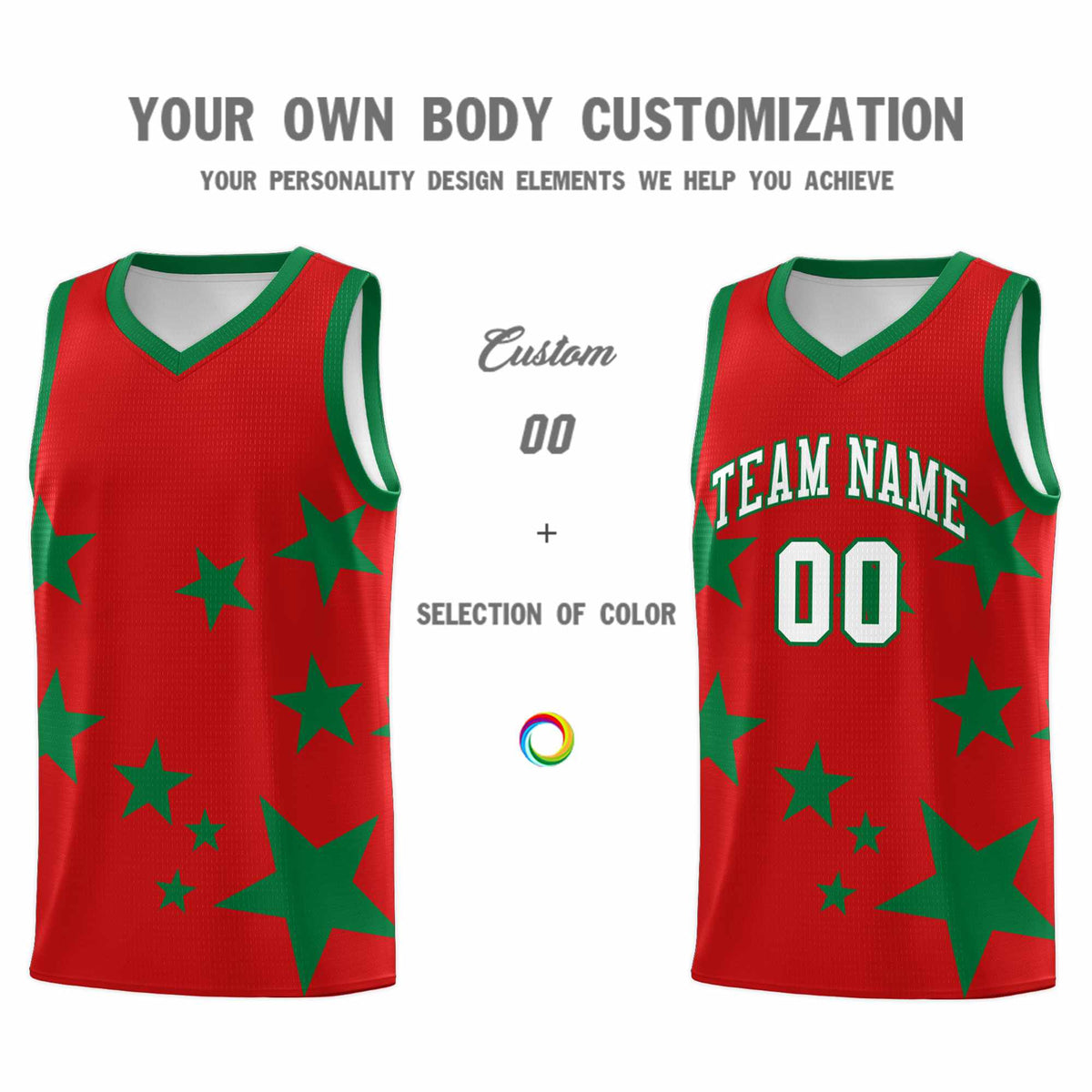 Custom Red Kelly Green Graffiti Pattern Star Print Basketball Kits Sets