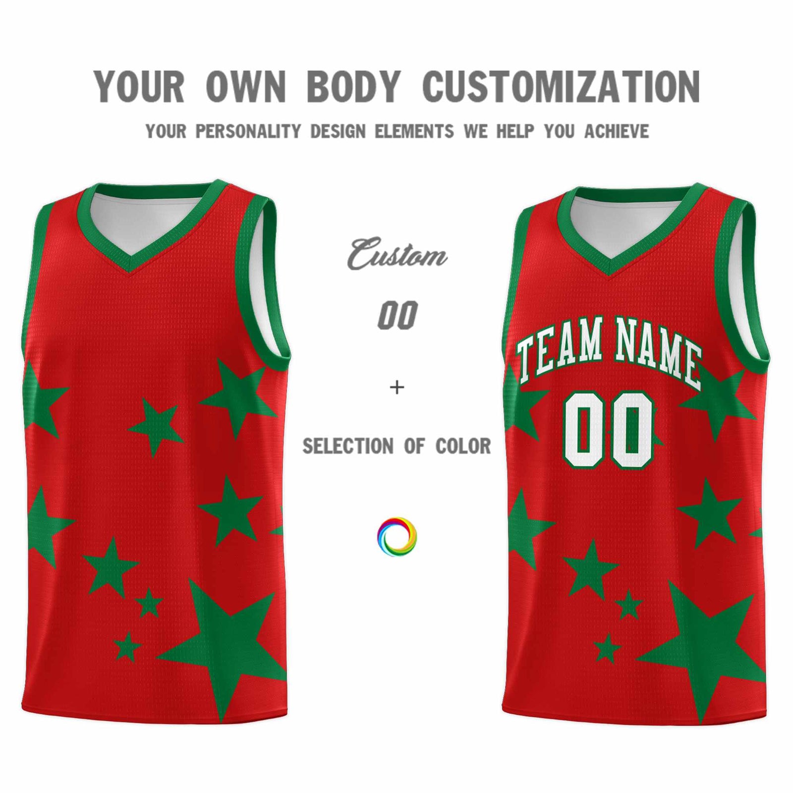 Custom Red Kelly Green Graffiti Pattern Star Print Basketball Kits Sets