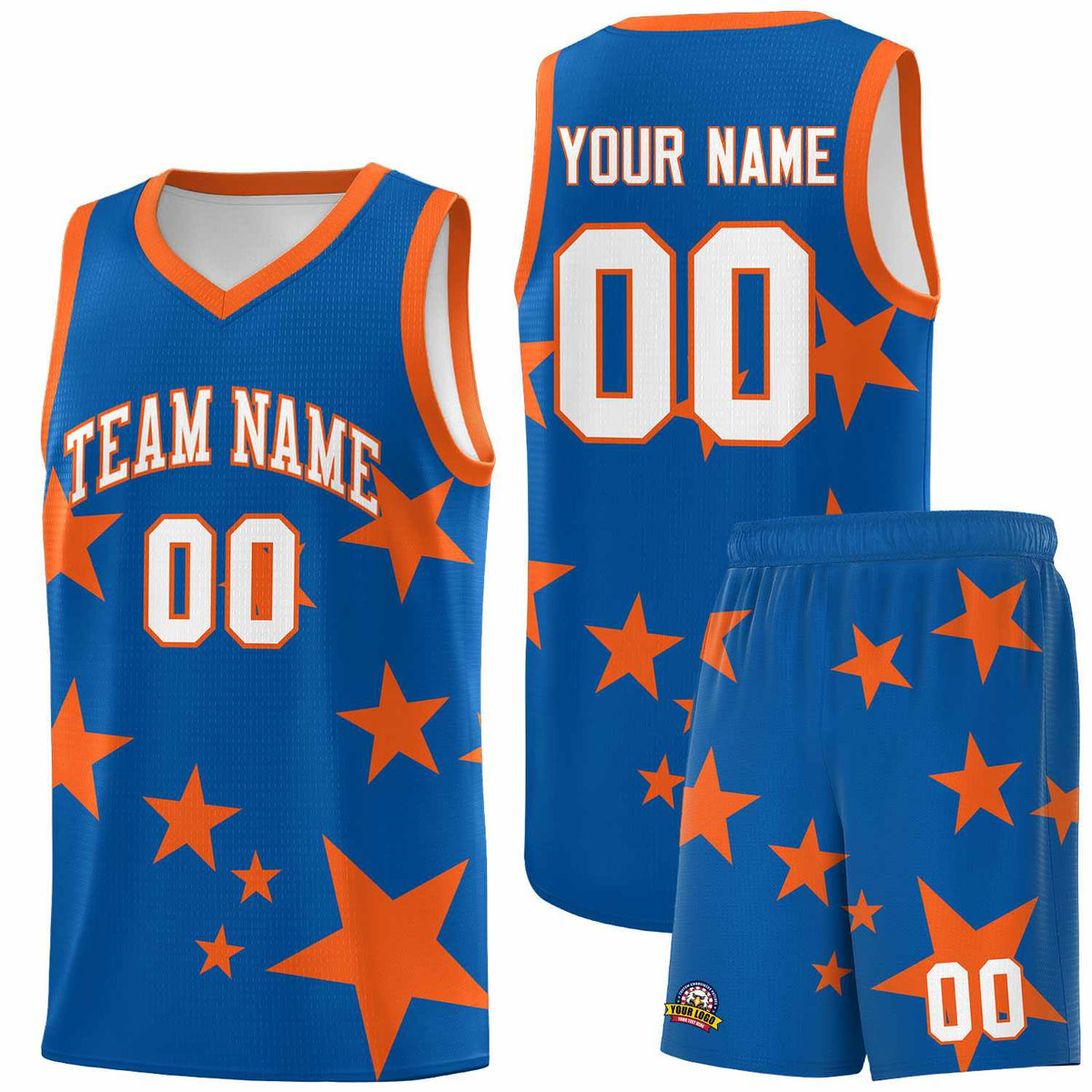 Custom Royal Orange Graffiti Pattern Star Print Basketball Kits Sets