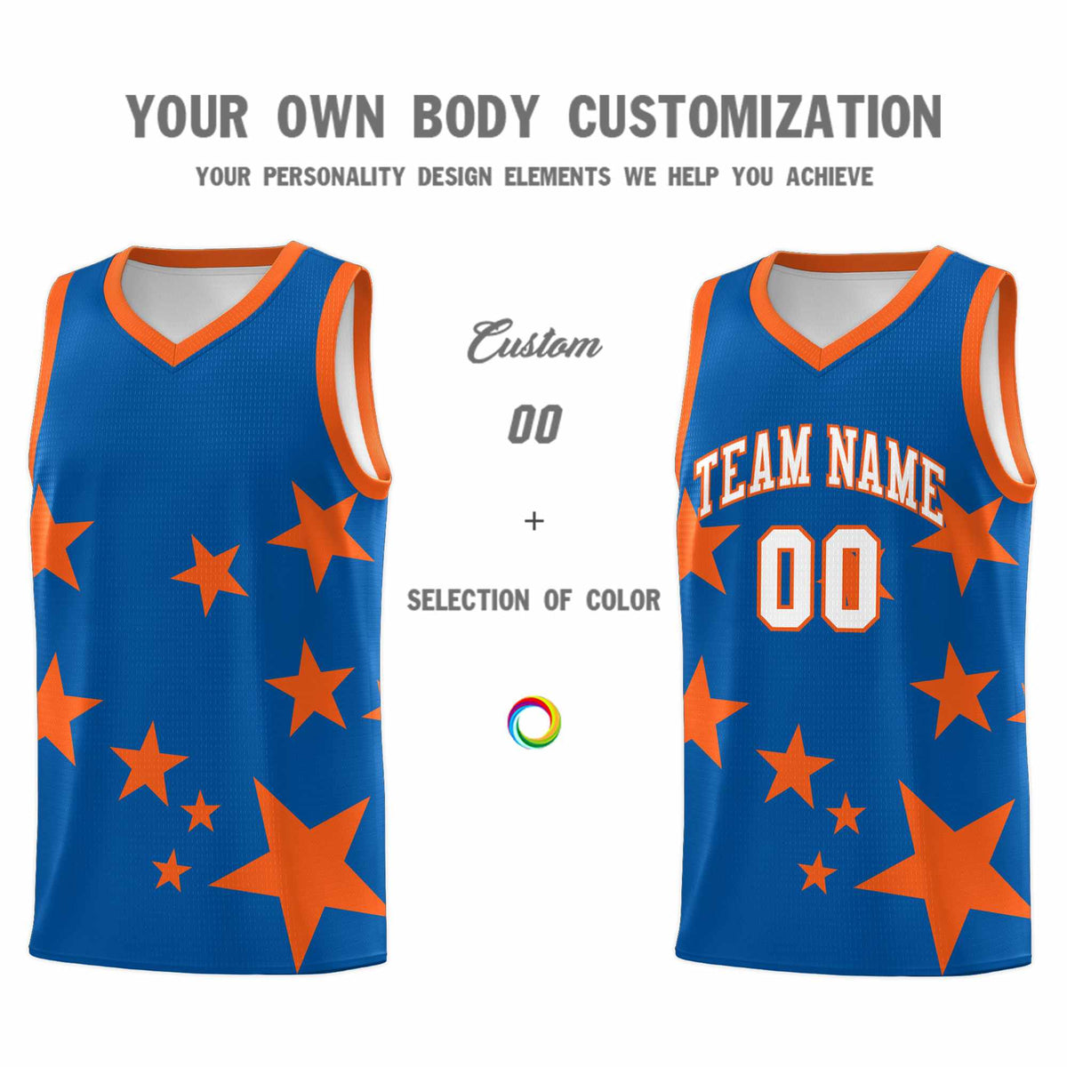Custom Royal Orange Graffiti Pattern Star Print Basketball Kits Sets