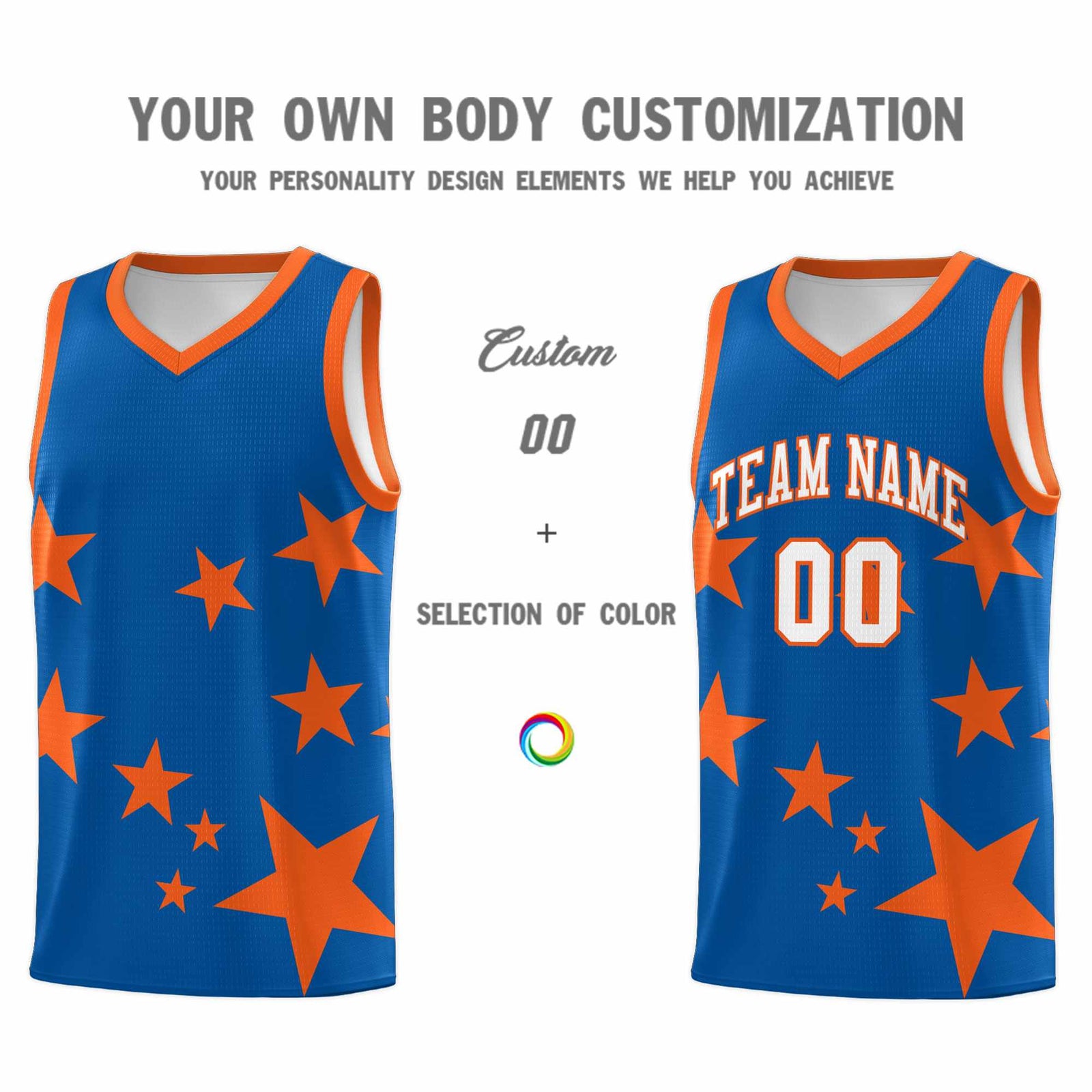 Custom Royal Orange Graffiti Pattern Star Print Basketball Kits Sets