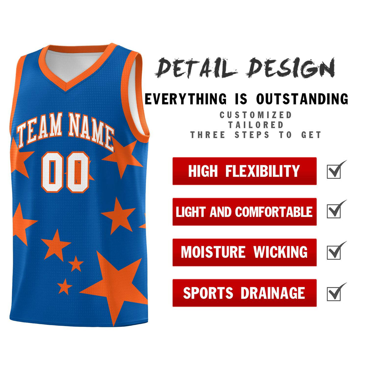 Custom Royal Orange Graffiti Pattern Star Print Basketball Kits Sets