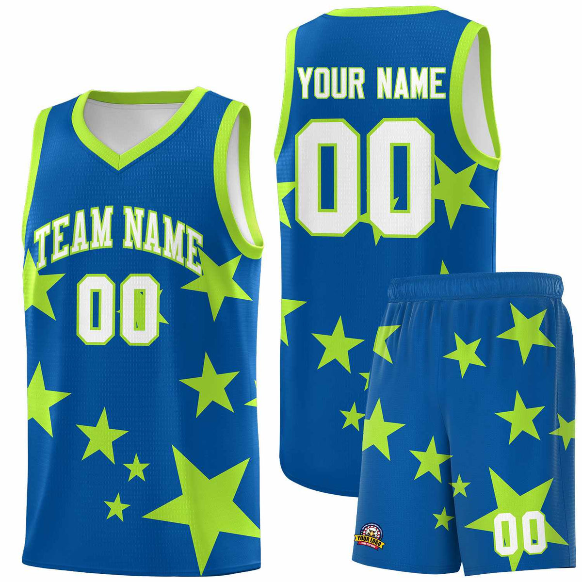 Custom Royal Light Green Graffiti Pattern Star Print Basketball Kits Sets