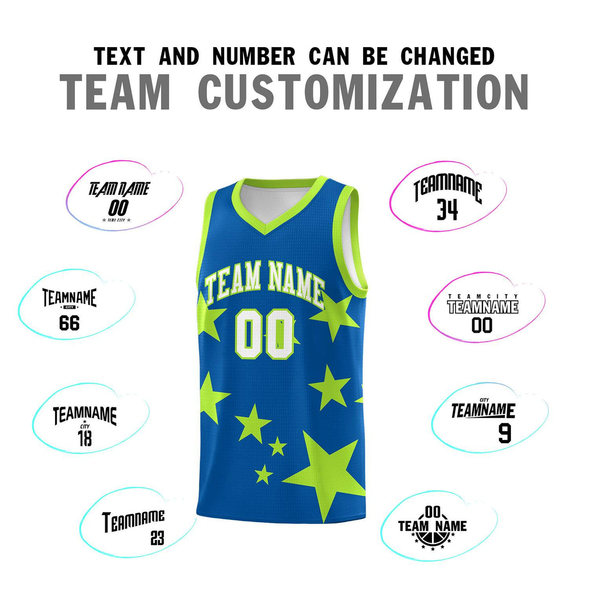 Custom Royal Light Green Graffiti Pattern Star Print Basketball Kits Sets