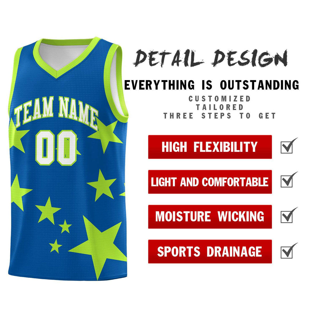 Custom Royal Light Green Graffiti Pattern Star Print Basketball Kits Sets
