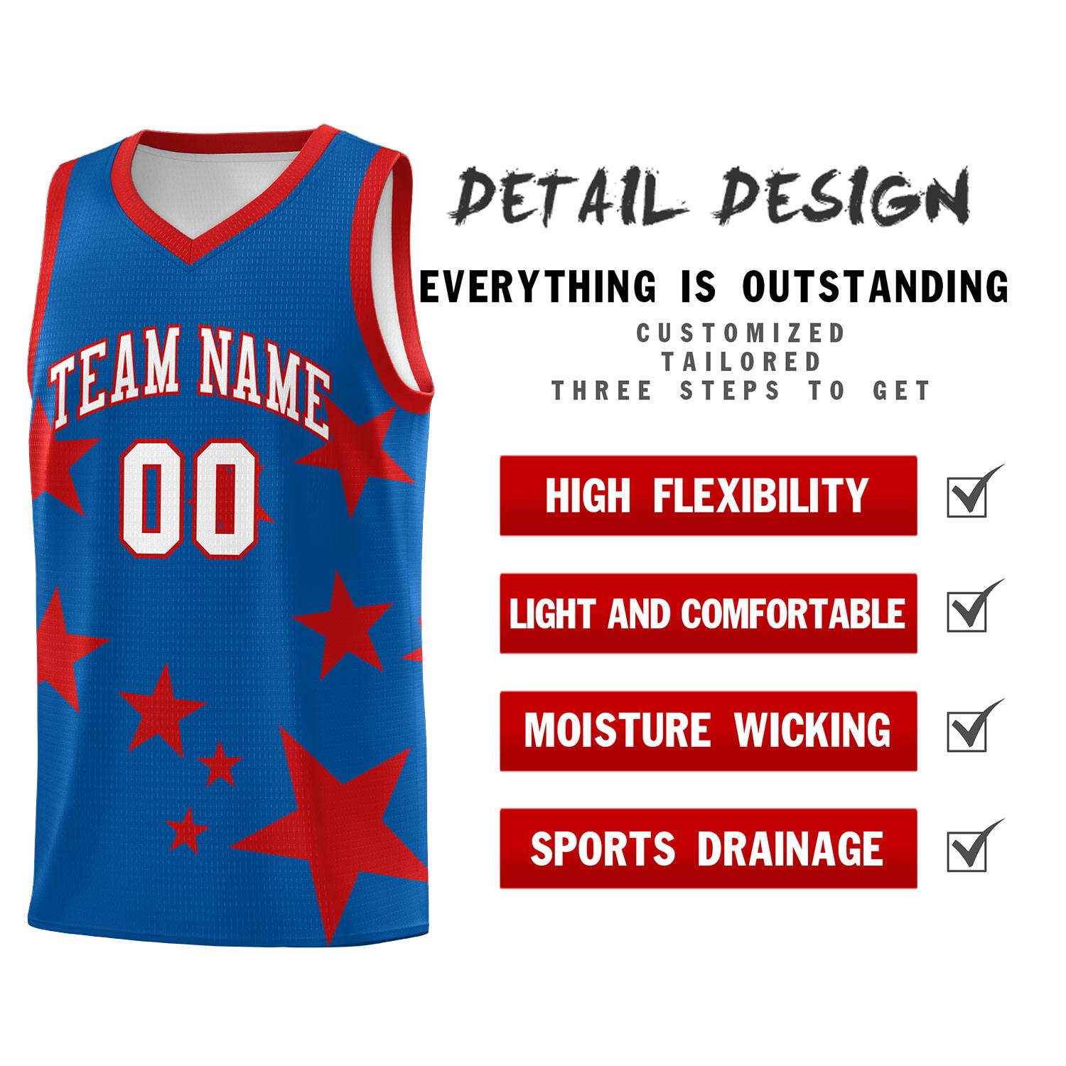 Custom Royal Red Graffiti Pattern Star Print Basketball Kits Sets