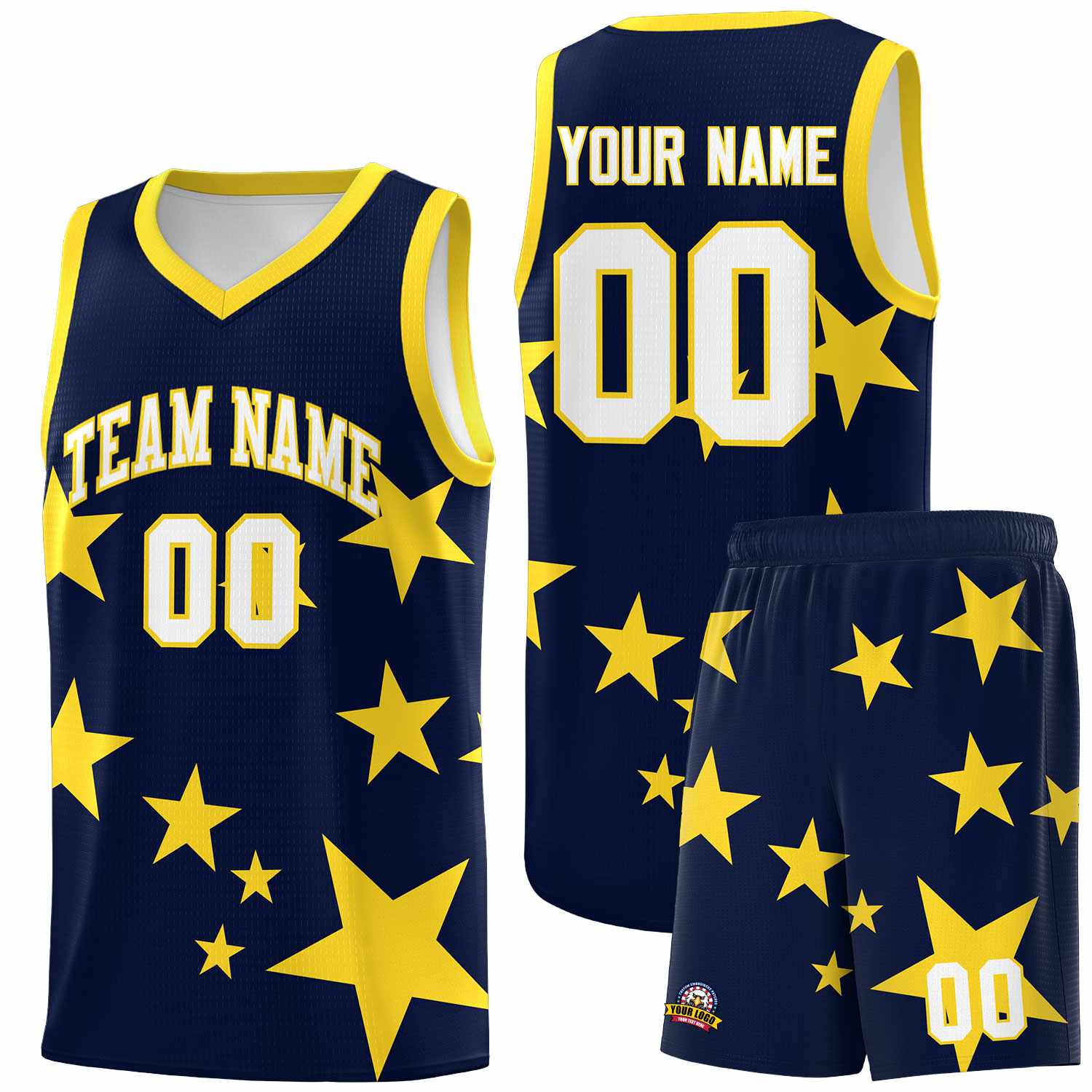 Custom Navy Gold Graffiti Pattern Star Print Basketball Kits Sets