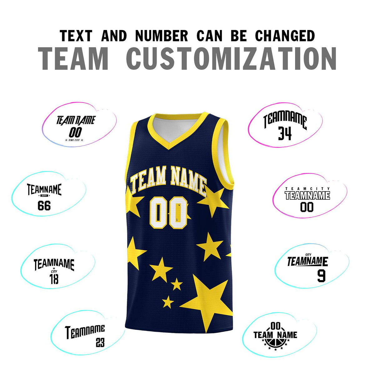 Custom Navy Gold Graffiti Pattern Star Print Basketball Kits Sets