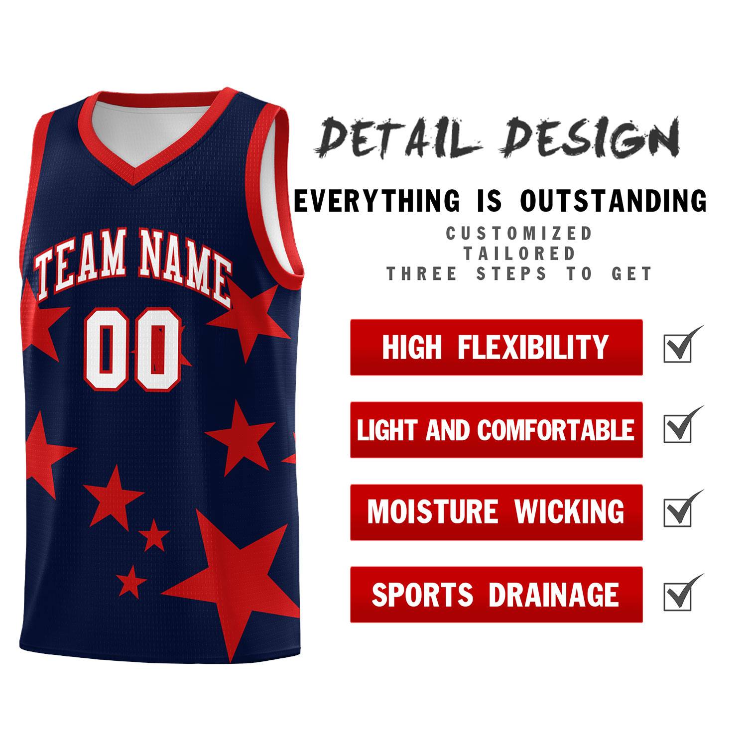 Custom Navy Red Graffiti Pattern Star Print Basketball Kits Sets