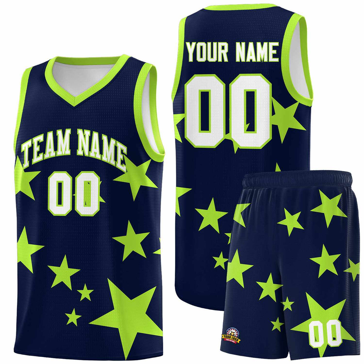 Custom Navy Light Green Graffiti Pattern Star Print Basketball Kits Sets